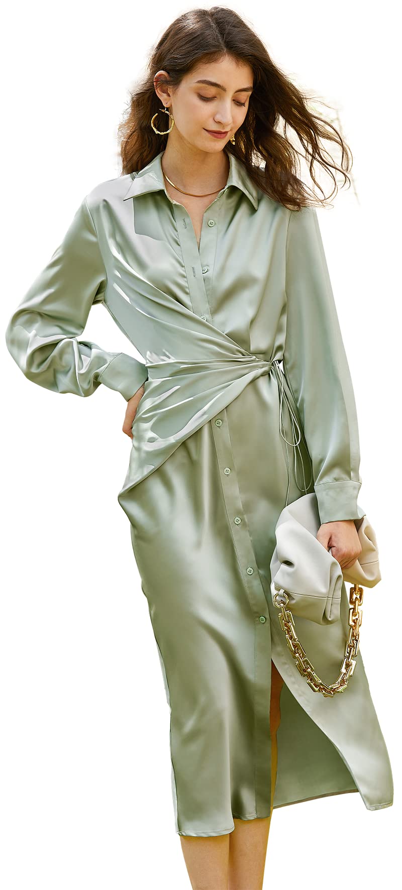 Women's Long Sleeve Midi Wrap Button Up Shirt Dress - Satin Casual Flowy Dress for Holiday, Summer Beach & Fall Outfits | Perfect for Office, Date Night & Vacation Wear