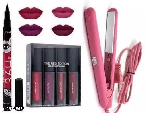 Color Sensational Matte Liquid Lipstick & Eyeliner Set - 4 Mini Long-Lasting Lip Colors + 36H Waterproof Eyeliner (Red Edition) | Perfect for Party Makeup, Date Night & Special Occasions