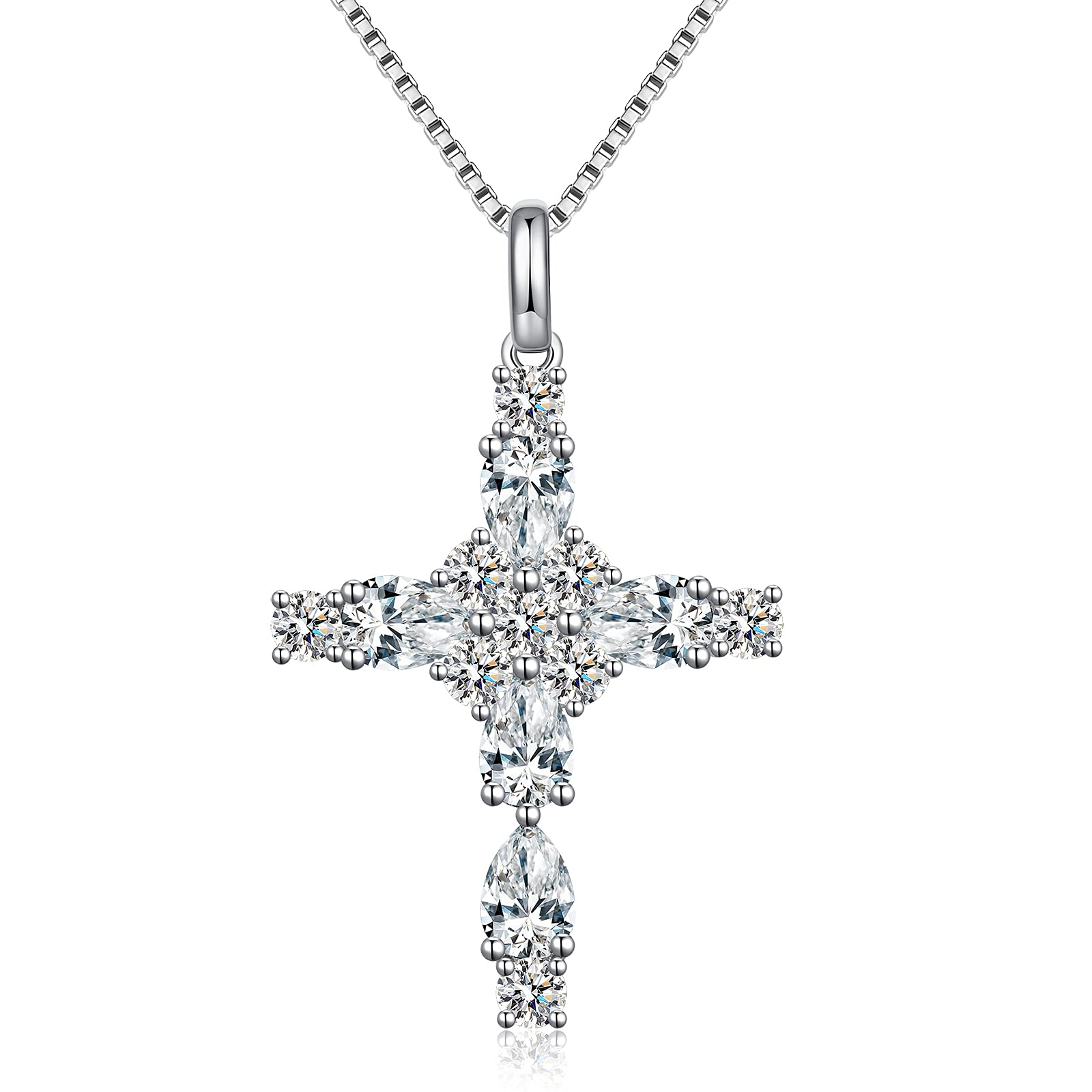 18K White Gold Plated Birthstone Cross Necklace for Women - 925 Sterling Silver Cubic Zirconia Elegant Pendant Necklace, Perfect Gift for Birthday, Anniversary, Christmas & Special Occasions
