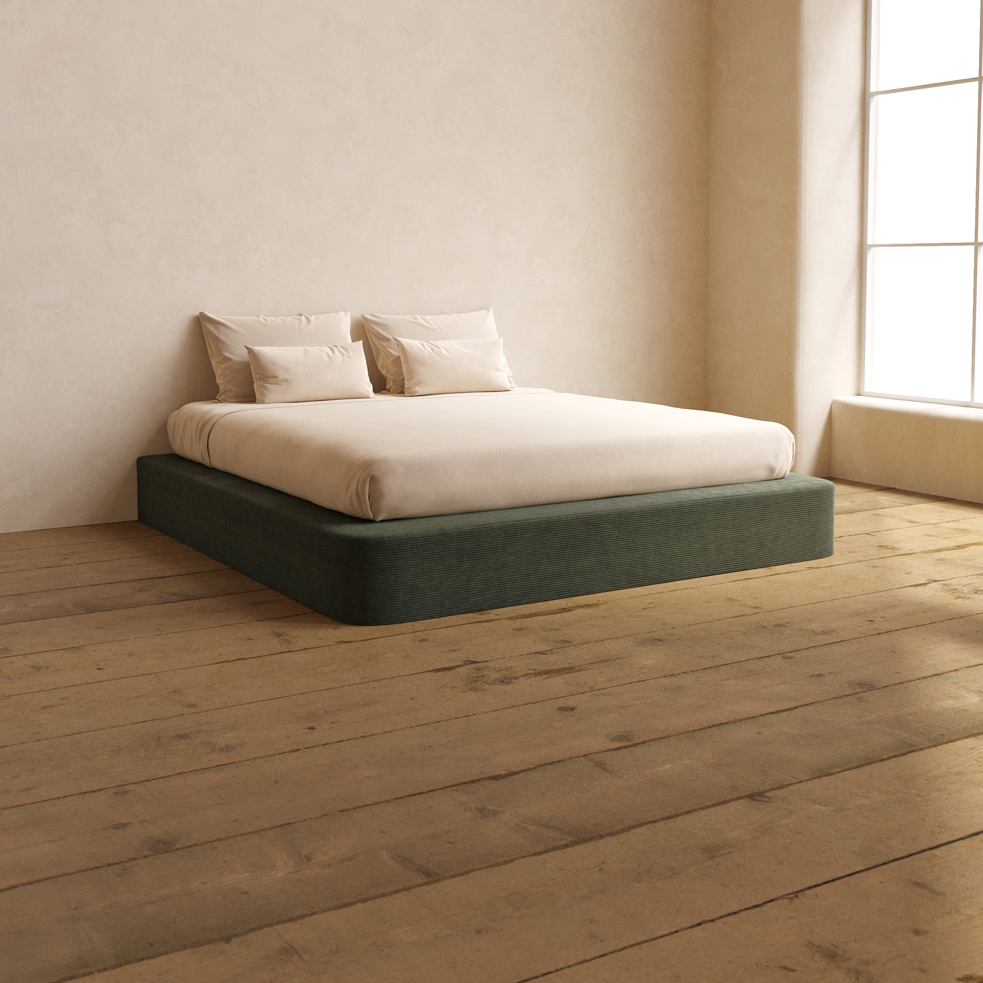 King Size Upholstered Platform Bed Frame with Luxe Corduroy Fabric in Olive Green - Modern Bedroom Furniture for Master Bedroom & Guest Room