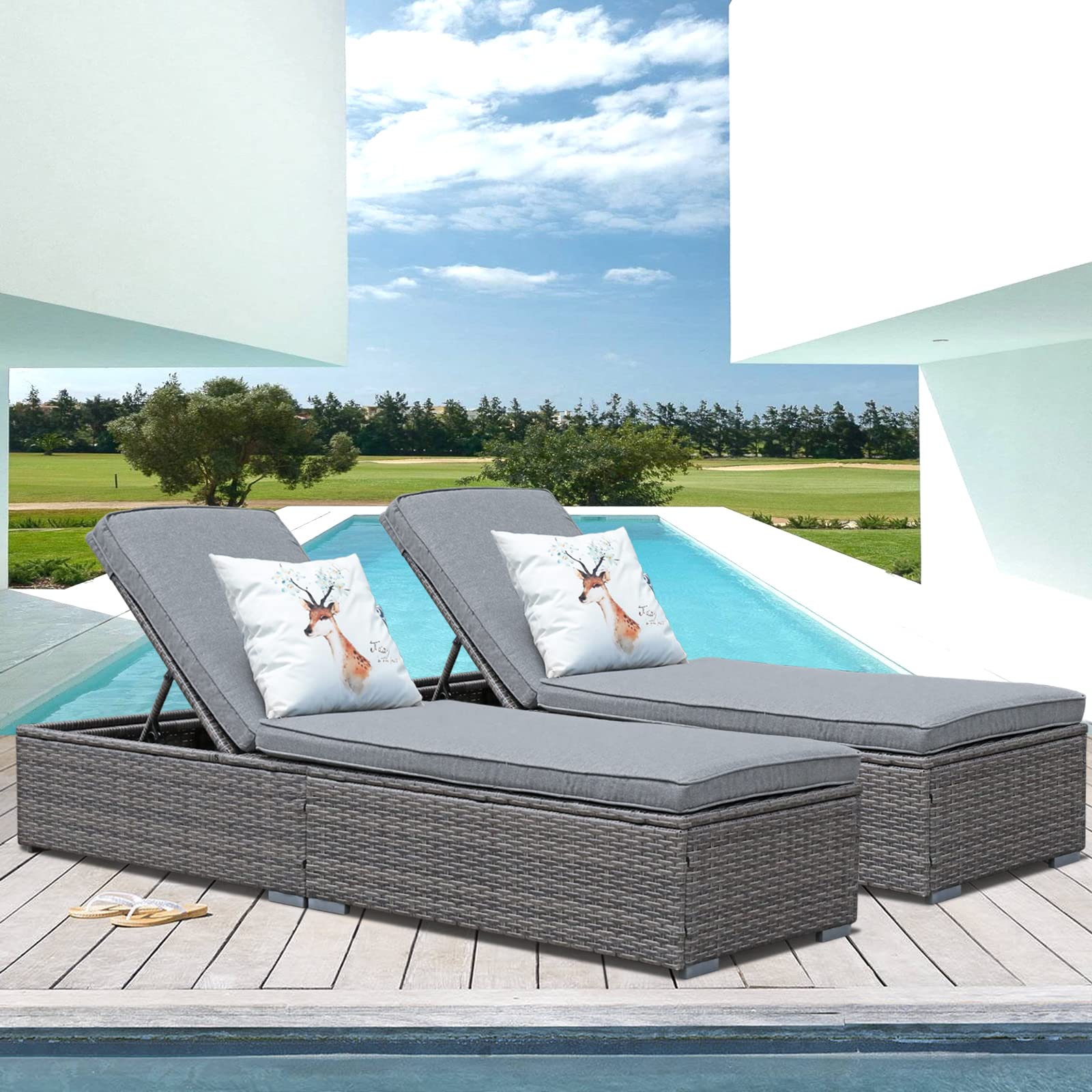 Verano Outdoor Chaise Lounge Chair Set of 2 - Adjustable Wicker Rattan Pool Lounger with Removable Cushions - Patio, Garden, Beach & Poolside Relaxation Furniture - Gray