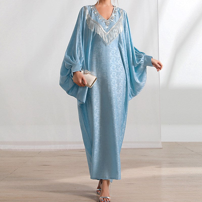 Hand-Stitched Beaded Batwing Sleeve Farasha Kaftan Dress - Elegant Boho Maxi Dress for Beach Weddings, Vacations & Summer Parties