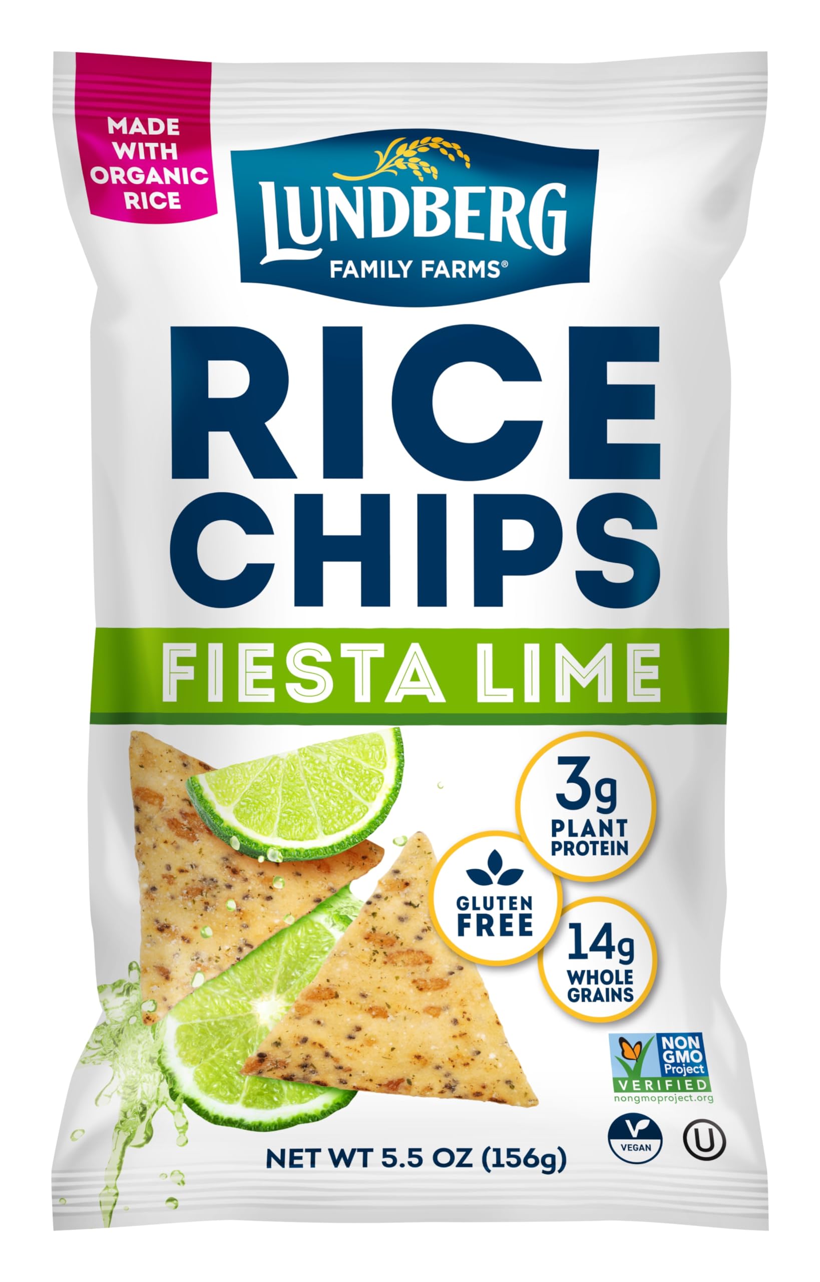 Lundberg Fiesta Lime Rice Chips 5.5oz - Gluten Free, Kosher, Non-GMO Verified Whole Grain Brown Rice Snacks - Perfect for Parties, Picnics & Healthy Snacking