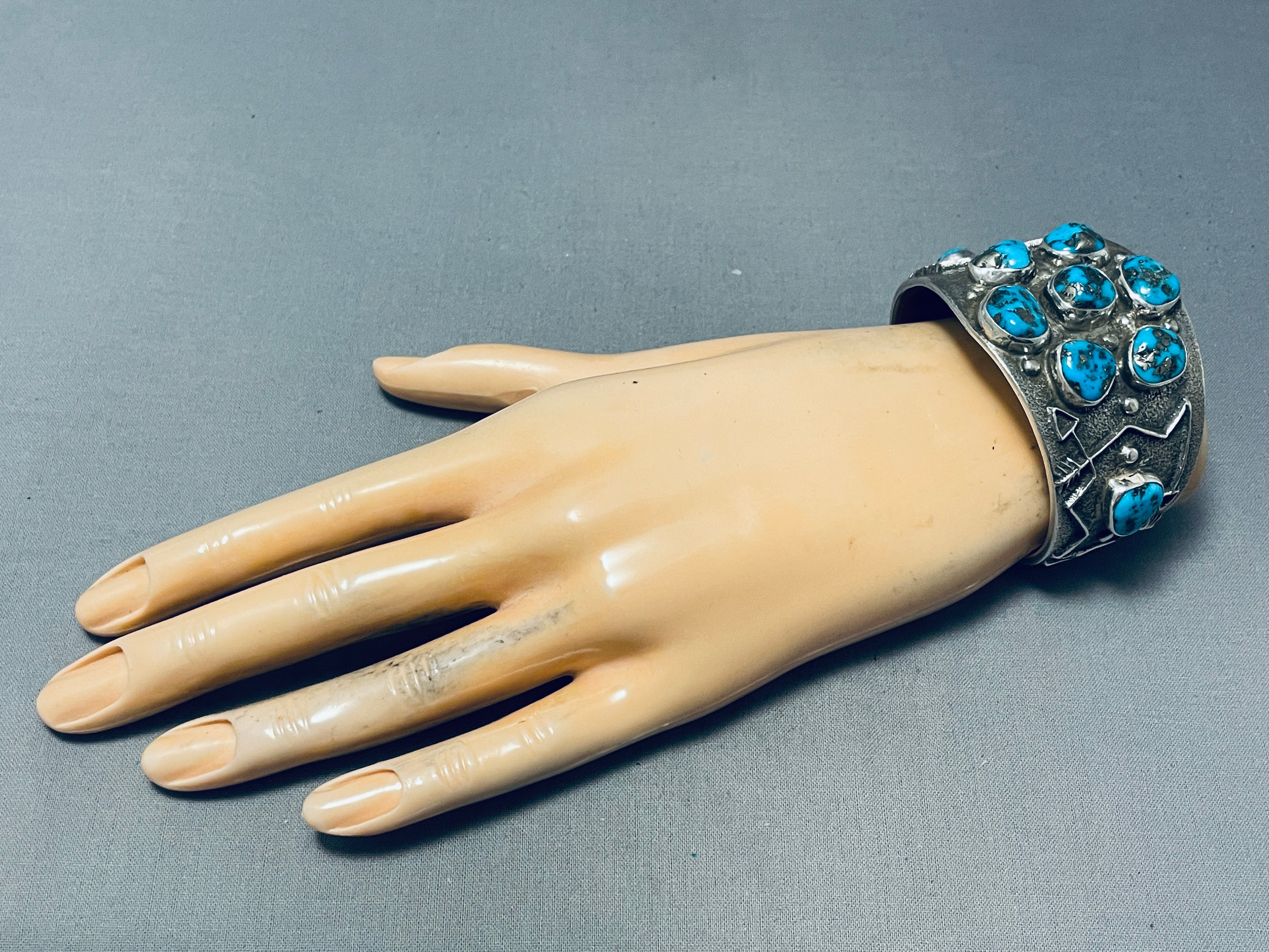 Authentic Navajo Sterling Silver Turquoise Bracelet with Ancient Petroglyphs - 108g Handcrafted Native American Jewelry for Women, Boho Fashion Accessory, Spiritual Gift & Southwest Style Statement