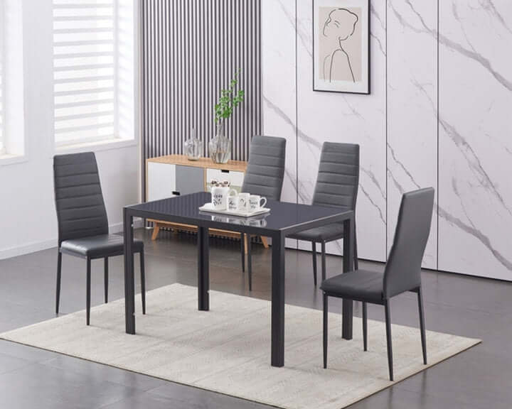5-Piece Grey Tempered Glass Dining Table Set with Grey Leather Tapered Chairs - Modern Kitchen & Dining Room Furniture for Family Gatherings & Dinner Parties