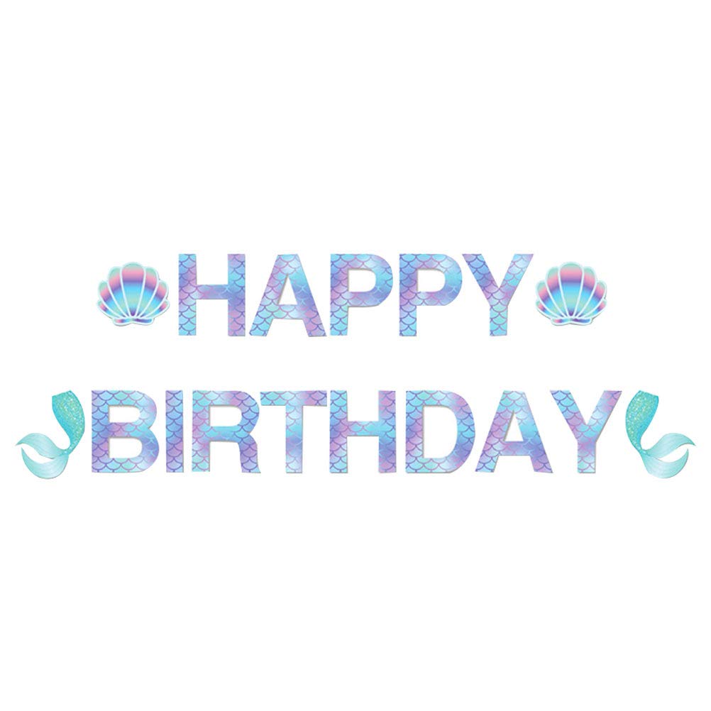 PartyKingdom 1Pack Mermaid Birthday Hanging Flag & Shell Banner - Blue Ocean Theme Party Decorations for Girls Birthday, Baby Shower, Bridal Shower & Summer Beach Party Decor