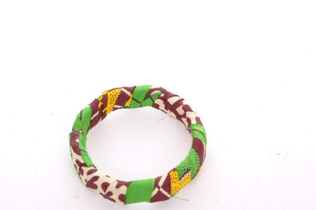 African Print Bangle Bracelet - Green & Brown Tribal Design DPBG3039A | Handmade Beaded Jewelry for Women, Boho Fashion Accessory, Festival & Party Wear