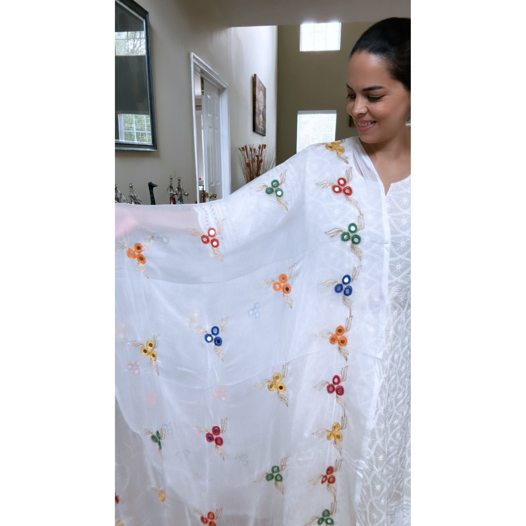 Elegant White Dupatta with Multicolor Thread Embroidery - Perfect for Weddings, Parties & Festive Occasions