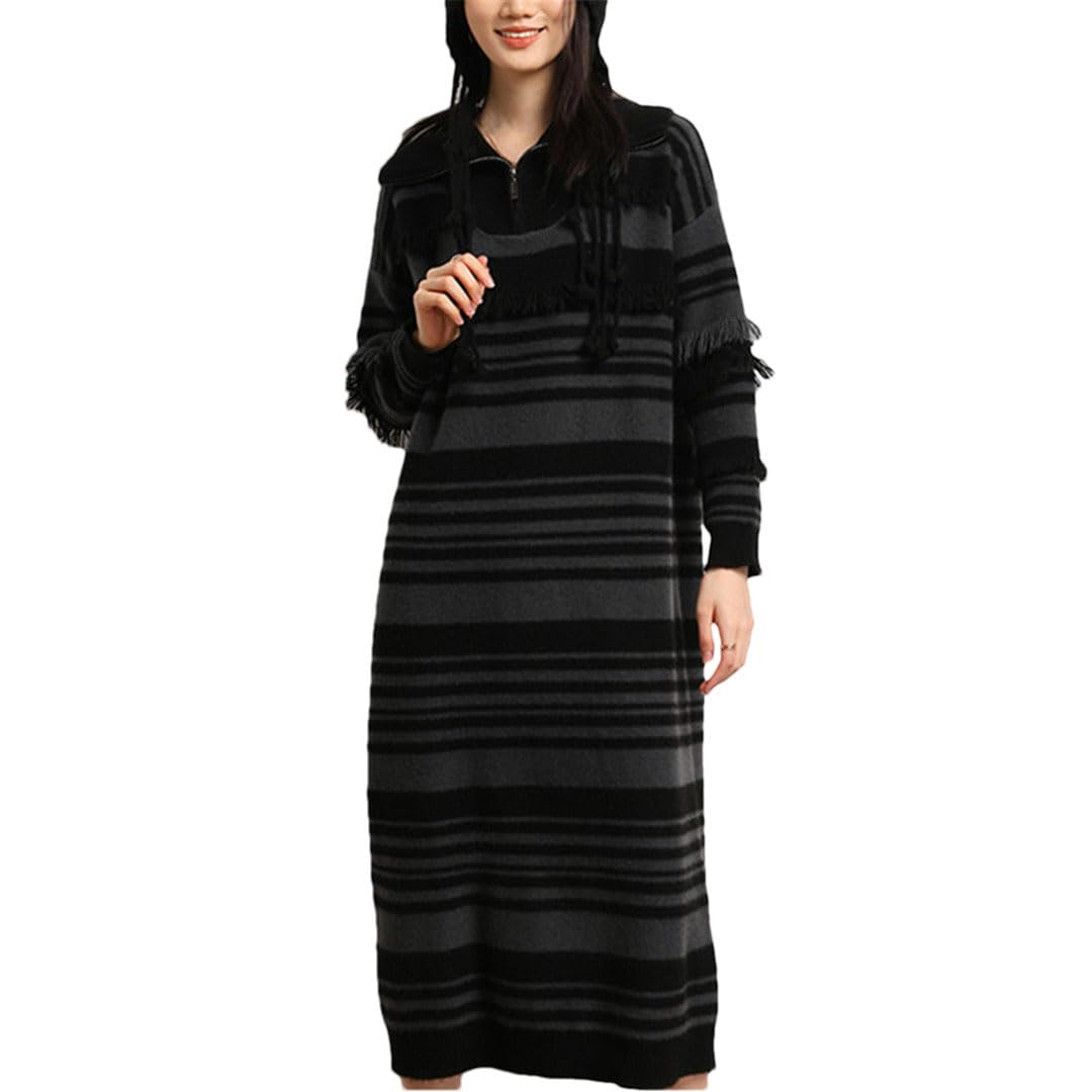 MKJUUIOR Women's Cashmere Sweater Dress - Soft Striped Knit Long Skirt for Autumn/Winter - Plus Size Loose Fit Cozy Pullover (Perfect for Office, Date Night & Holiday Outfits)