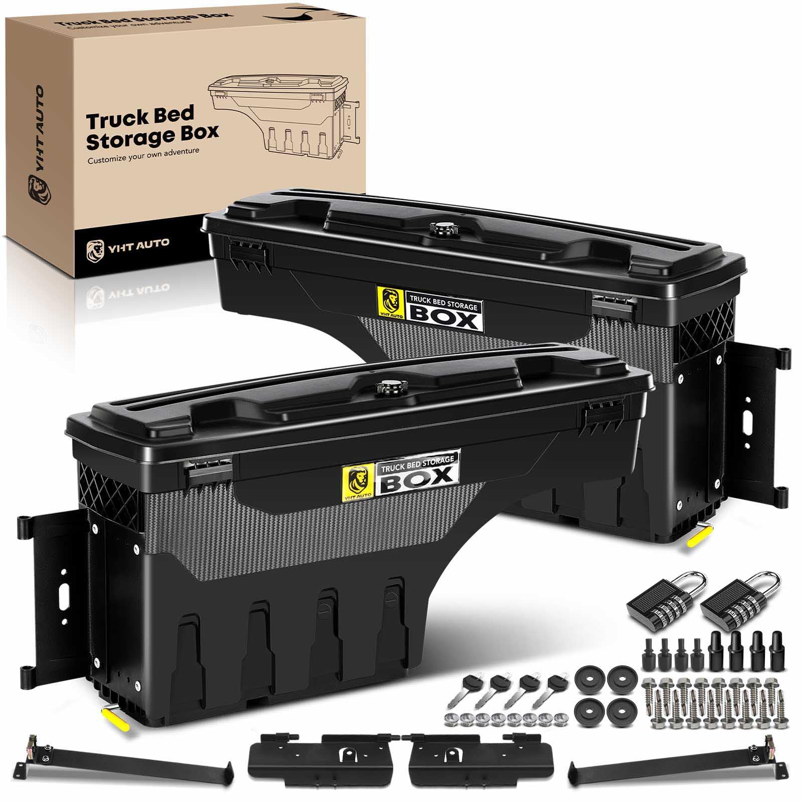 YHTAUTO Set of 2 Lockable Waterproof Truck Bed Tool Boxes - Compatible with 2015-2021 Ford F-150 (No Bed Rail Storage) | Swing Wheel Well Tool Storage for Tools, Equipment & Outdoor Gear | Perfect for Camping, Work Sites & Road Trips