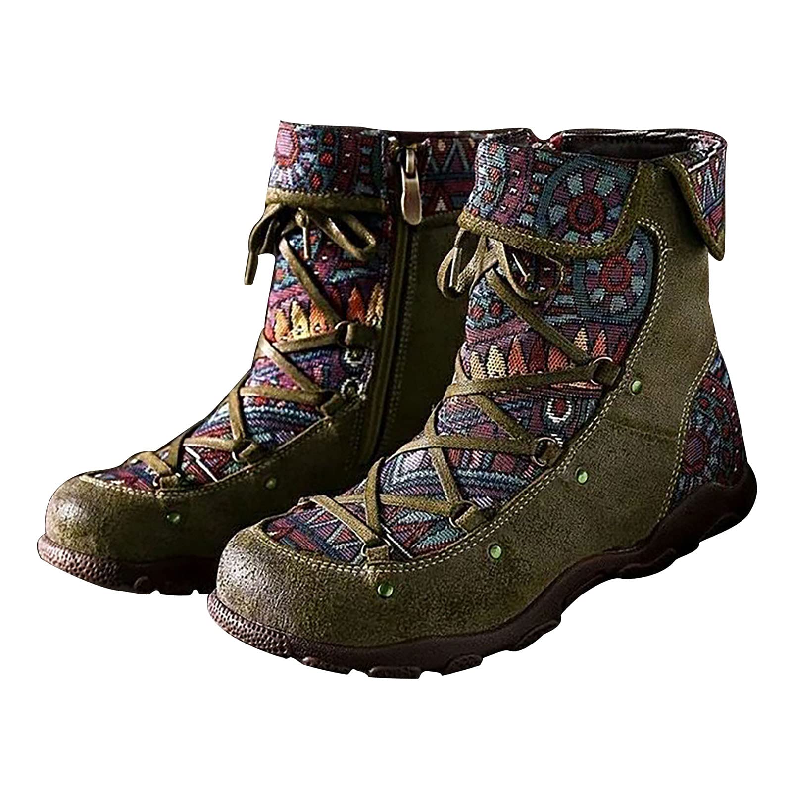 **Women's Retro Bohemian Ankle Boots with Zip - Comfortable Flat Heel Casual Booties for Ladies - Large Size Outdoor Shoes for Walking, Travel & Fall Fashion**
