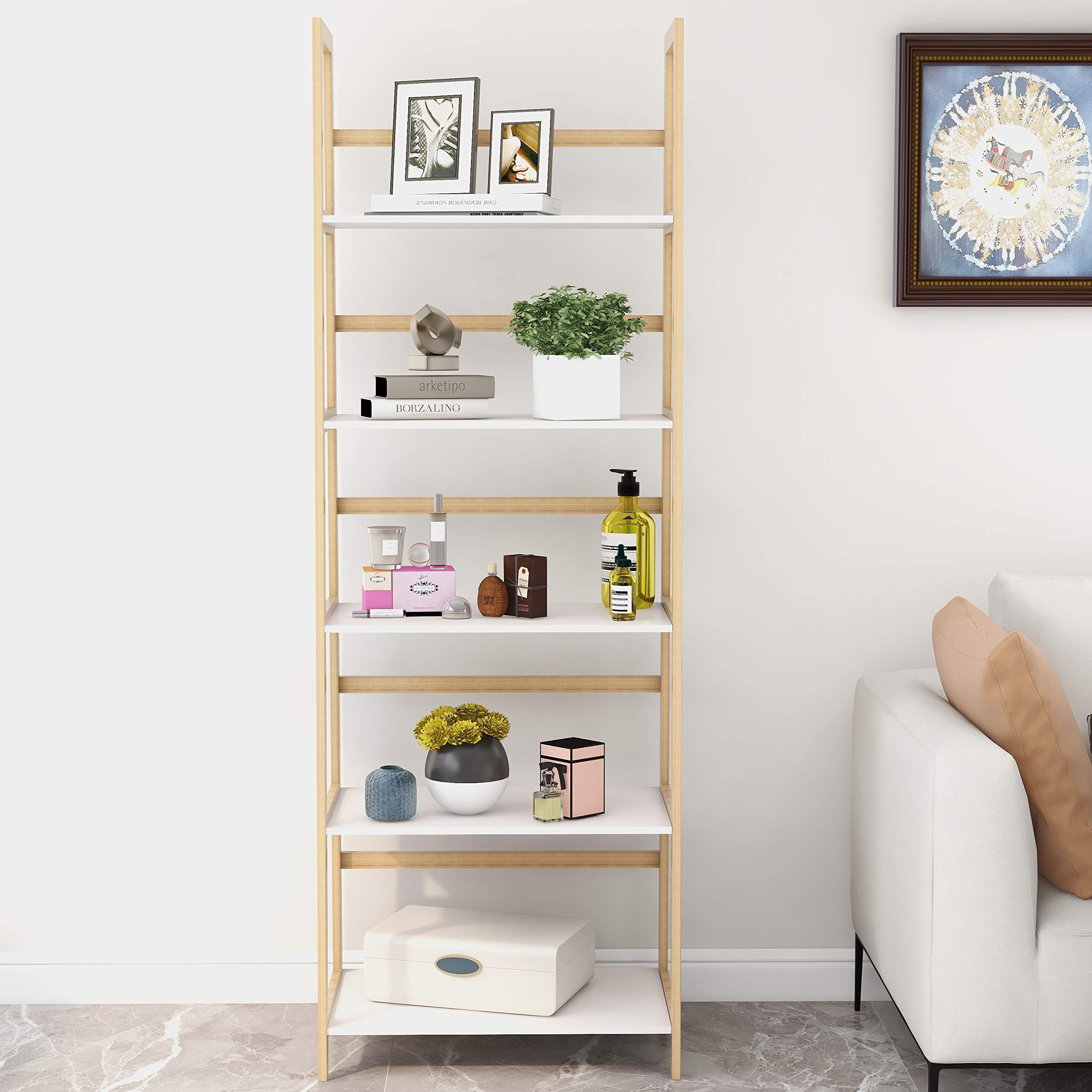 5-Tier Solid Bamboo Wood Bookshelf - White Modern Contemporary Handmade Bookcase for Home Office, Living Room & Bedroom Storage