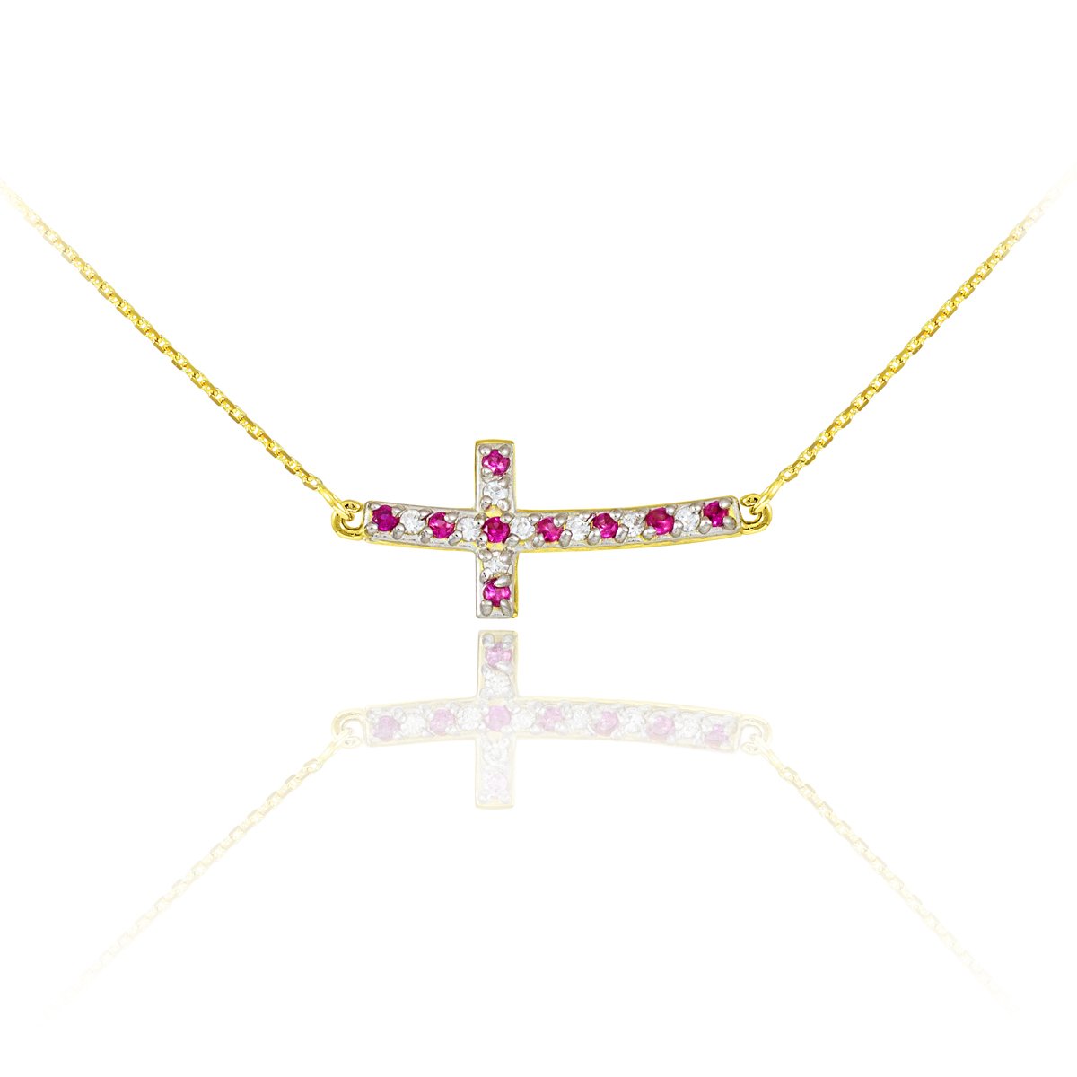 14K Gold Sideways Curved Cross Necklace with Red & Clear Cubic Zirconia - Elegant Layering Piece for Everyday Wear or Special Occasions