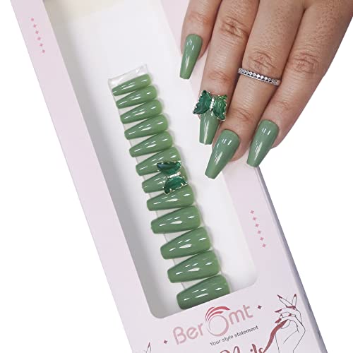 Beromt 12PCS Butterfly Charm French False Nails - Glossy Full Cover Artificial Nails with Glue Tab, Medium Round Fake Nails for Women & Girls - Perfect for Parties, Weddings, and Special Occasions