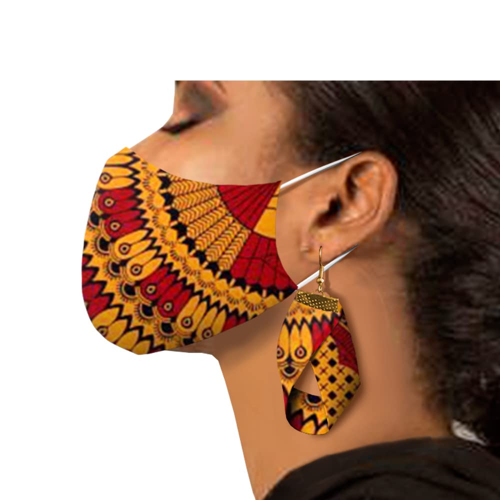 African Ankara Print Face Mask & Earrings Set for Women - Dashiki Wax Batik Cotton Fashion Accessories with Floral Pattern - Perfect for Parties, Weddings and Cultural Events