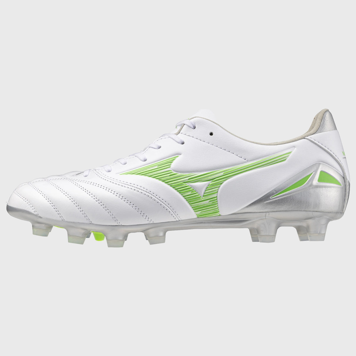 Mizuno Morelia Neo IV Pro MD Rugby Boots - White/Neon Green - Lightweight Soccer Cleats for Men - Perfect for Rugby Matches & Training Sessions