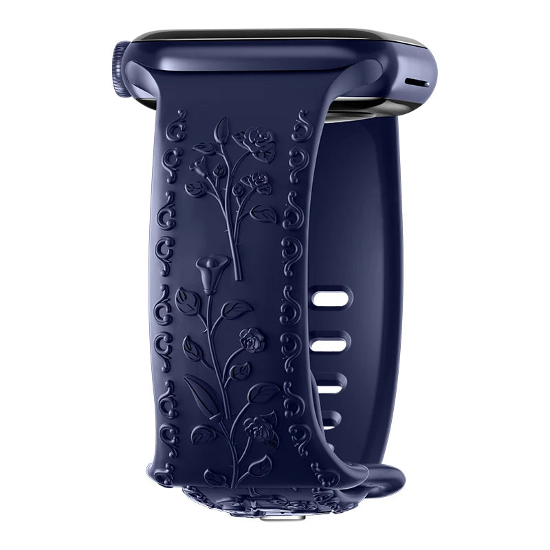 Botanical Bliss Engraved Silicone Band for Apple Watch - Navy Blue Strap - Perfect for Fitness, Workouts & Everyday Wear