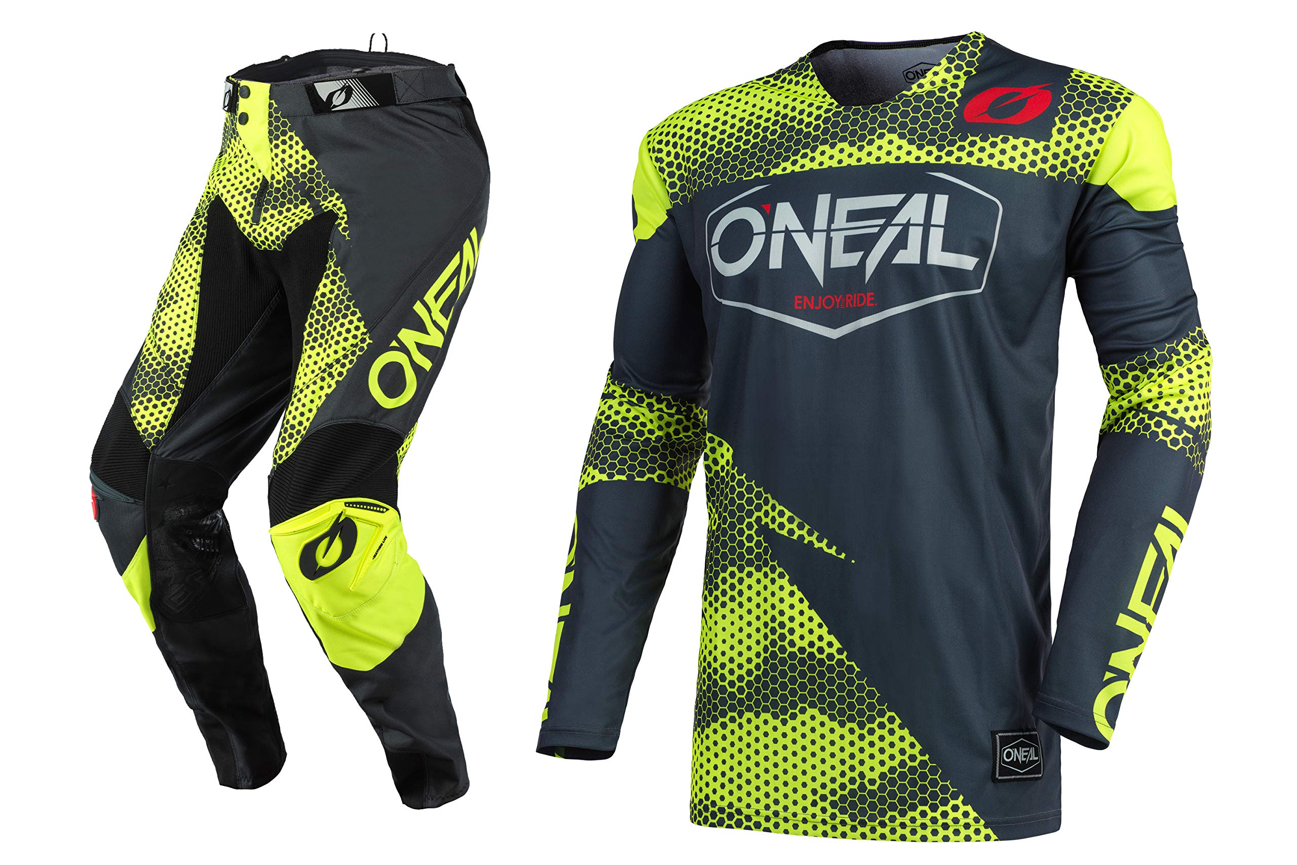Oneal Mayhem-Lite Covert Charcoal/Neon Motocross Dirt Bike Offroad MX Jersey & Pants Combo - Adult Large Jersey & W32 Pants - Durable Riding Gear Set for Motocross, Trail Riding & Offroad Adventures