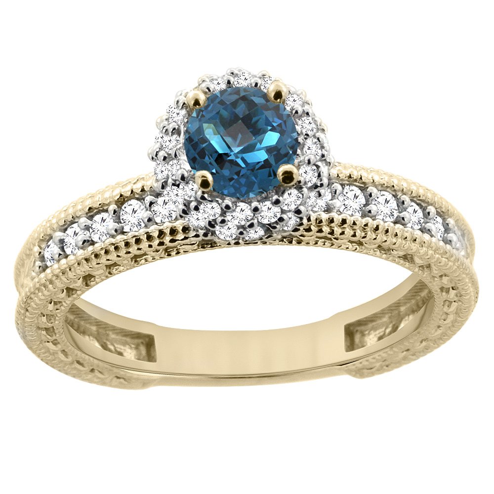 14K Yellow Gold Natural London Blue Topaz Round 5mm Engagement Ring with Diamond Accents - Size 5-10 | Perfect for Proposals, Weddings & Anniversary Gifts