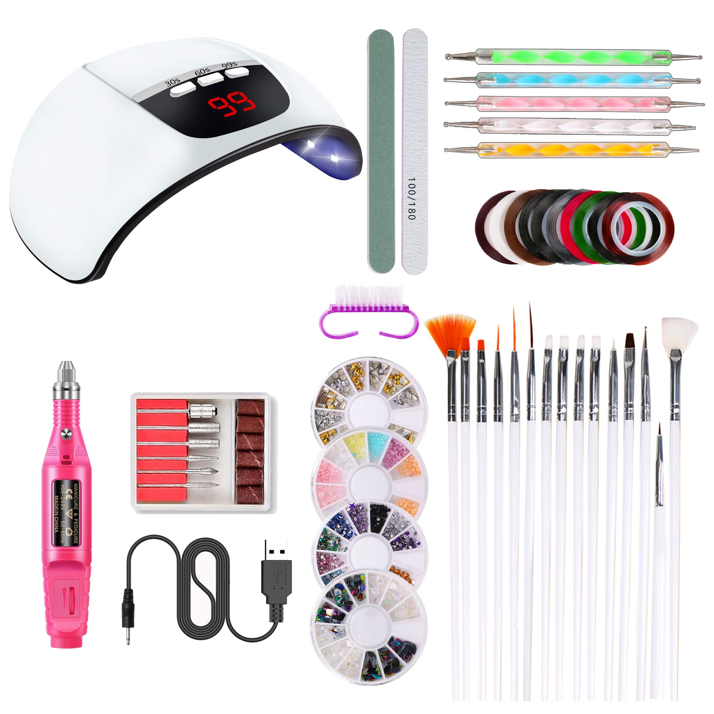 Fesjoy Professional Nail Art Kit with LED Nail Dryer Lamp, USB Charging Nail Pen, Nail Drill Handpiece, Nail Brushes, Dotting Tools, Manicure Tape & Rhinestones - Complete DIY Manicure Set for Home Salon & Nail Art Enthusiasts