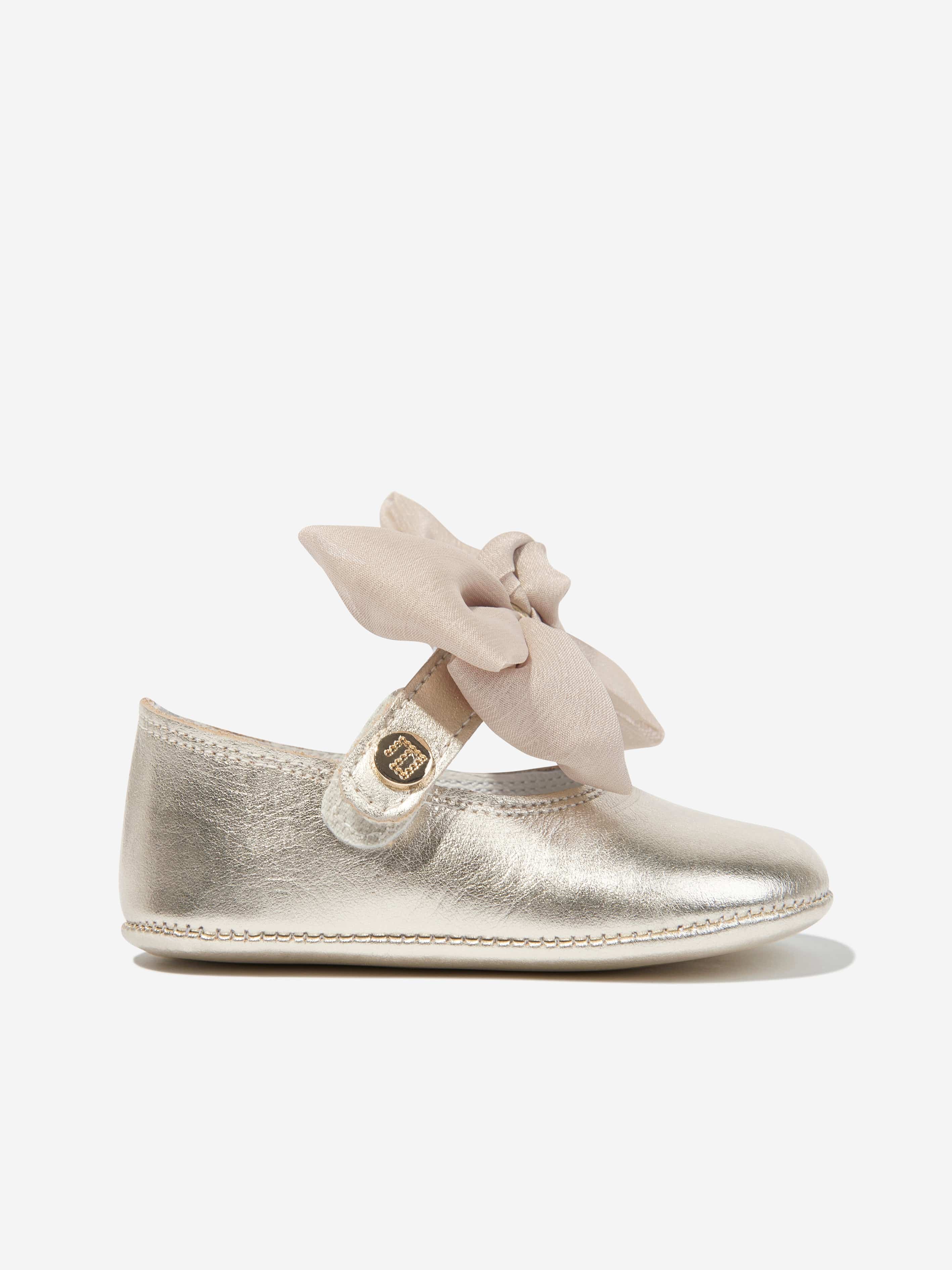Andanines Baby Girls Leather Bow Shoes in Gold - Soft & Comfortable First Walking Shoes for Infants & Toddlers - Perfect for Special Occasions, Parties & Everyday Wear