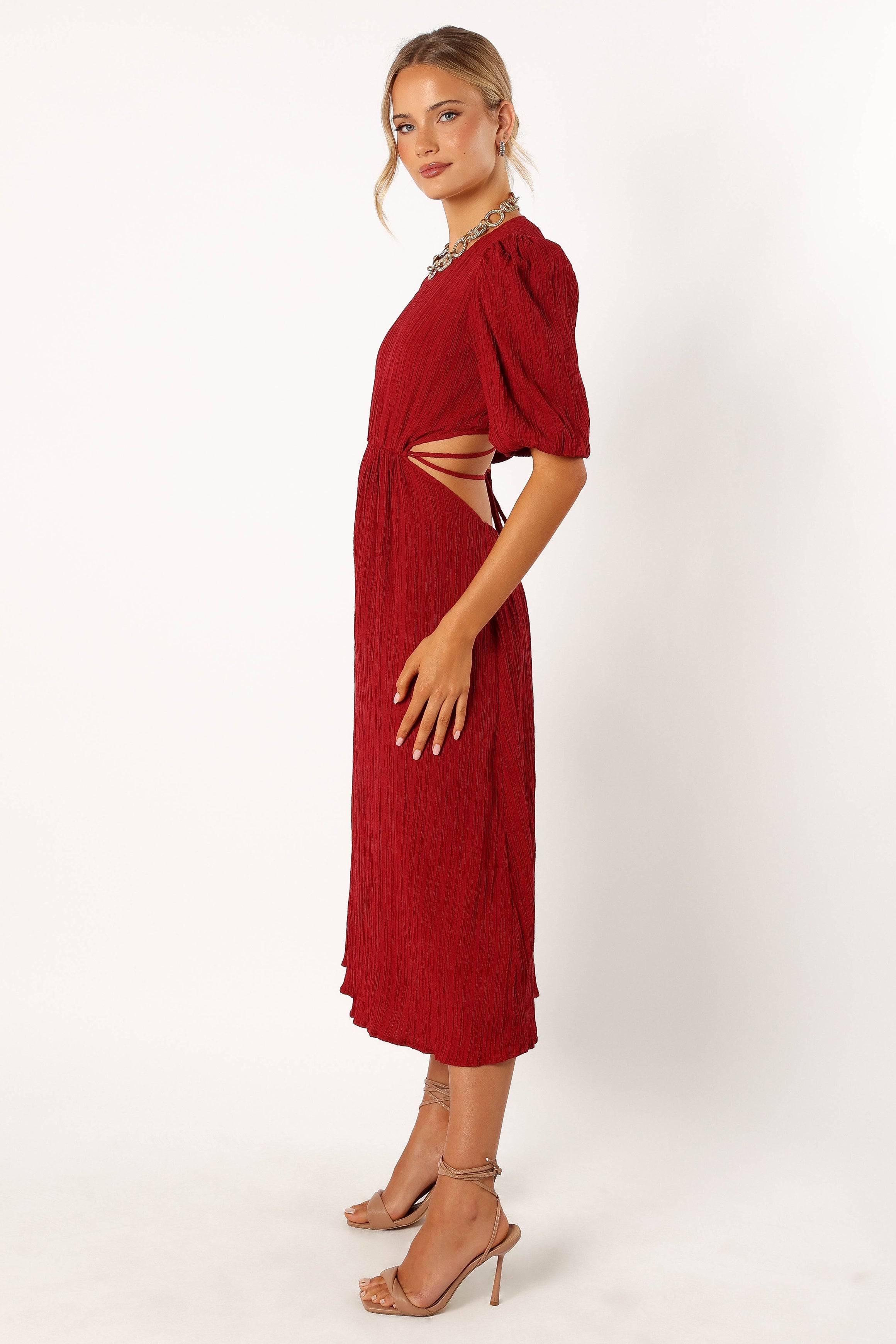 Carina Pleated Midi Dress in Dark Red | Flowy A-Line Skirt for Women | Perfect for Weddings, Parties & Office Wear