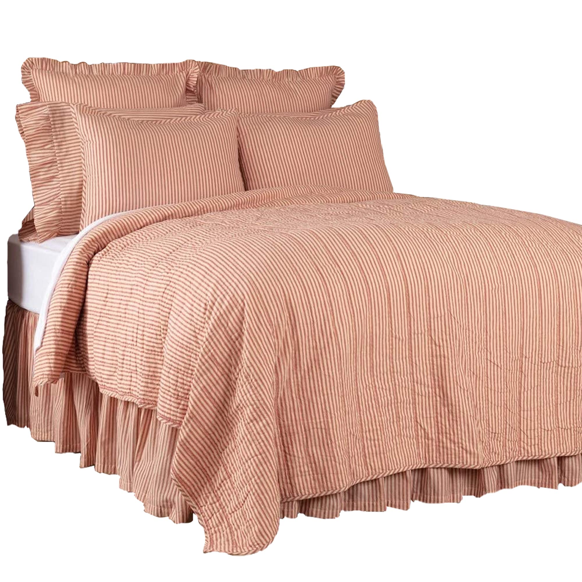 Sawyer Mill 7-Piece Red Ticking Stripe Farmhouse Bedding Set - Queen Size Cotton Comforter, Sheets & Pillowcases for Rustic Country Bedroom Decor