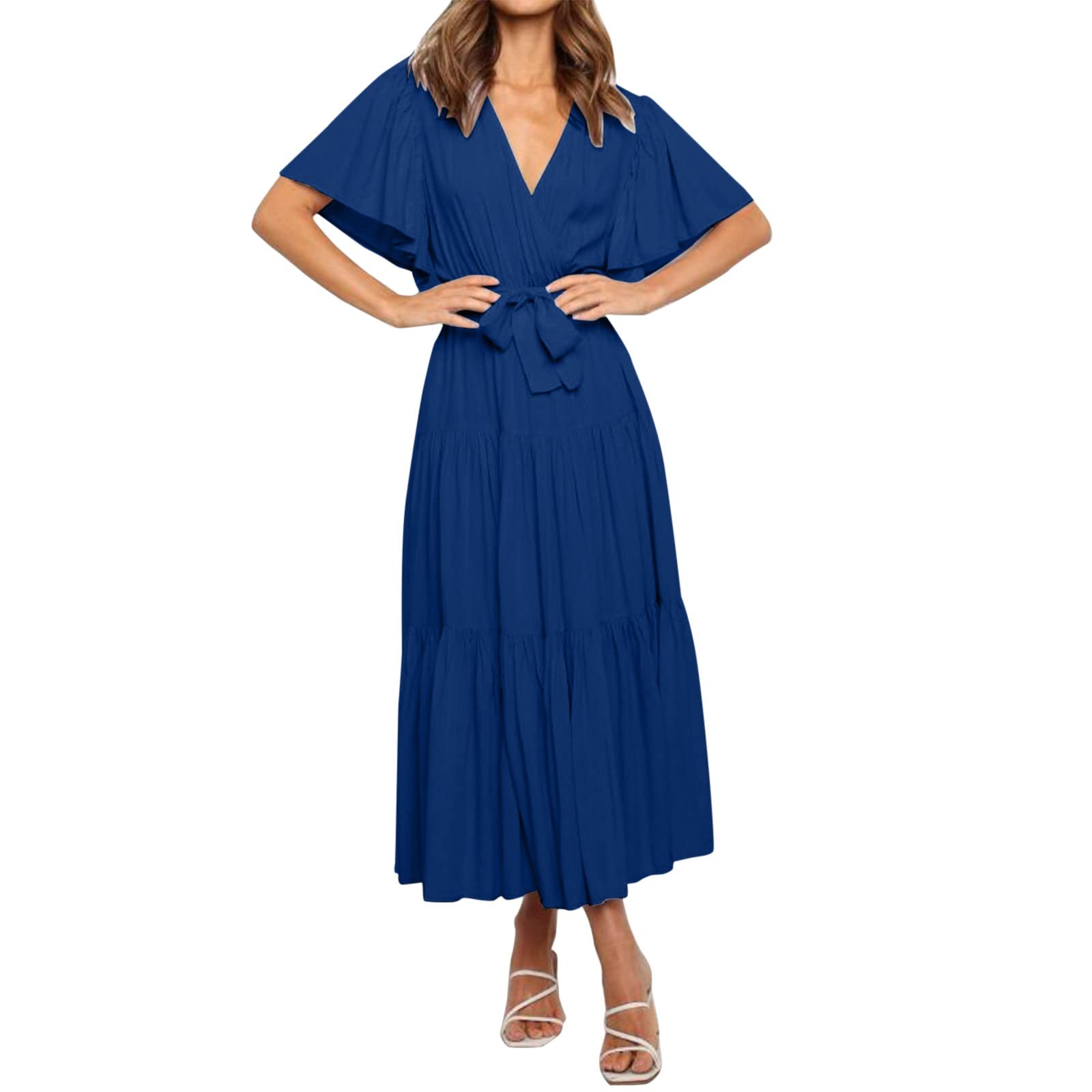 Women's Summer Casual Ruffle Wrap Dress - Short Sleeve V-Neck Flowy Sundress for Beach, Vacation & Outdoor Parties