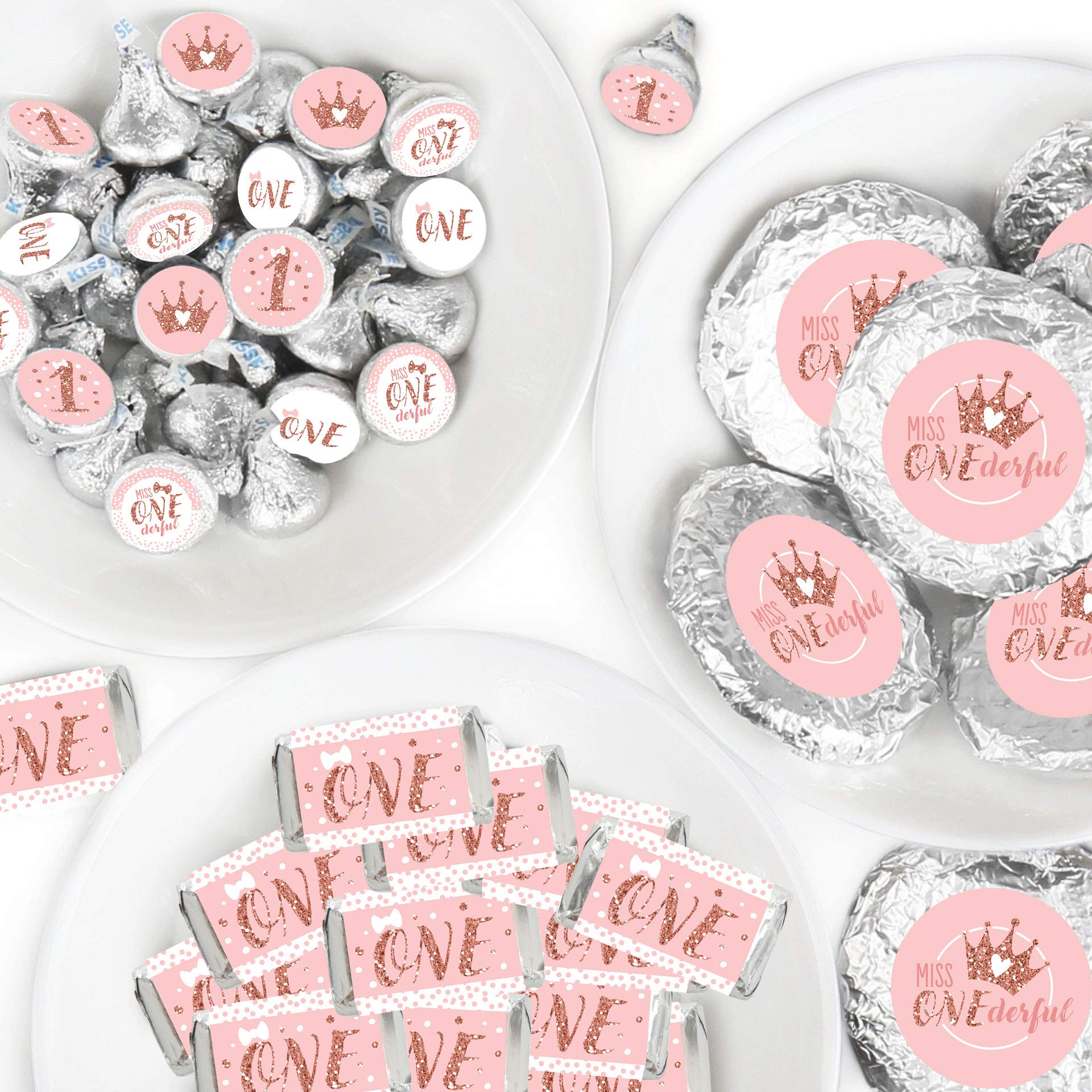 Big Dot of Happiness 1st Birthday Little Miss Onederful Candy Wrappers & Stickers - 304-Piece Girl's First Birthday Party Favor Kit - Perfect for Baby Shower, Birthday Celebrations & Candy Buffets