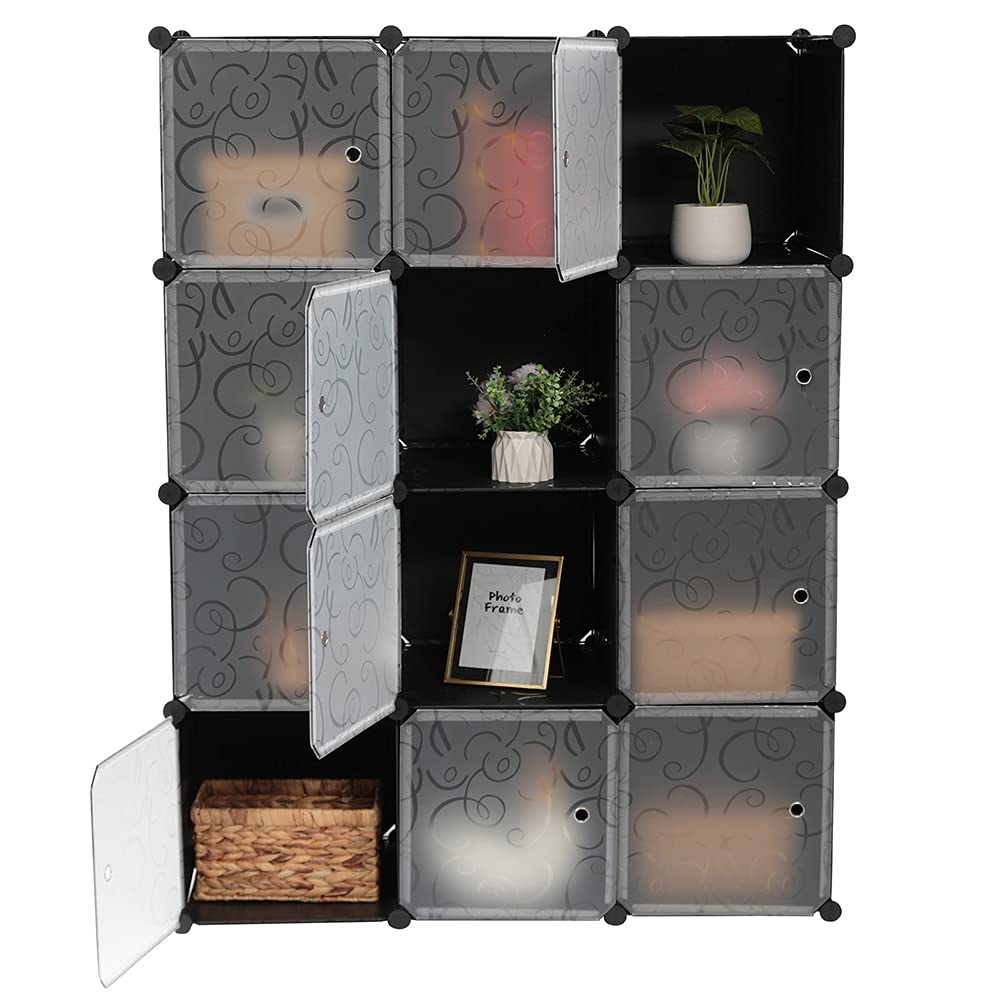 12-Cube Closet Organizer Storage Shelves - DIY Cube Storage Cabinet with Doors in White & Black | Perfect for Bedroom, Closet, Office & Entryway Organization