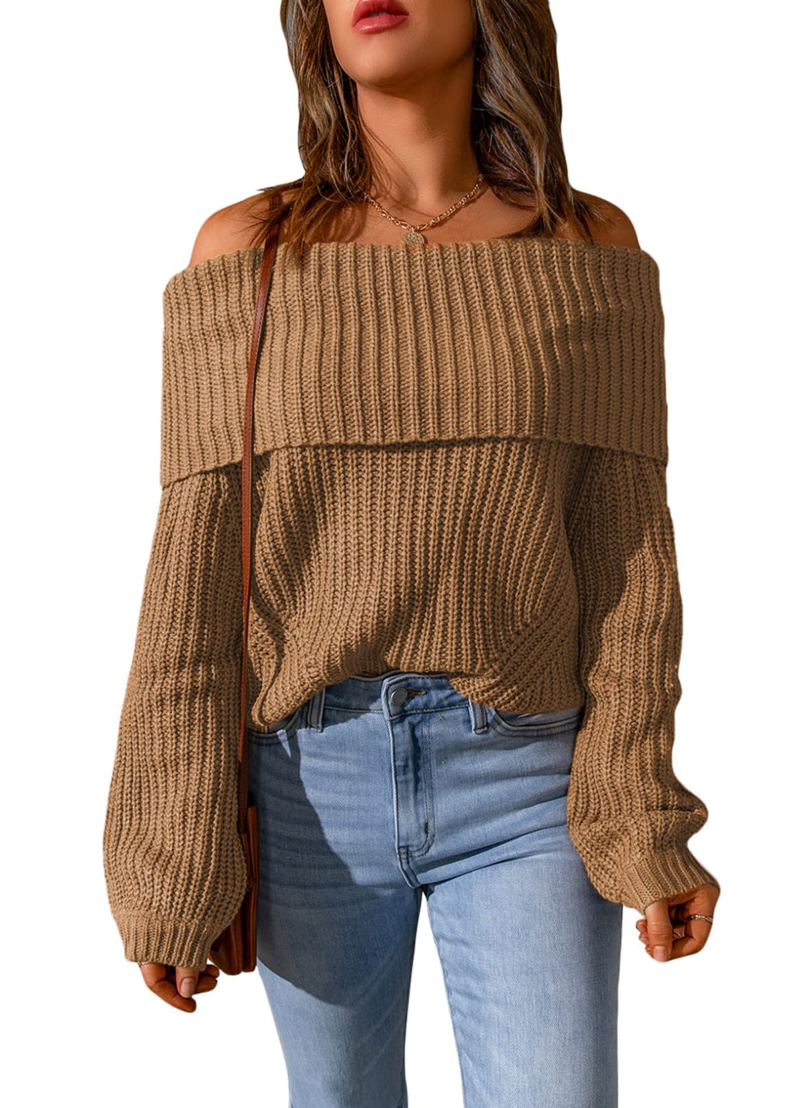 Women's Ribbed Knit Off-Shoulder Sweater - Cozy Pullover for Fall & Winter