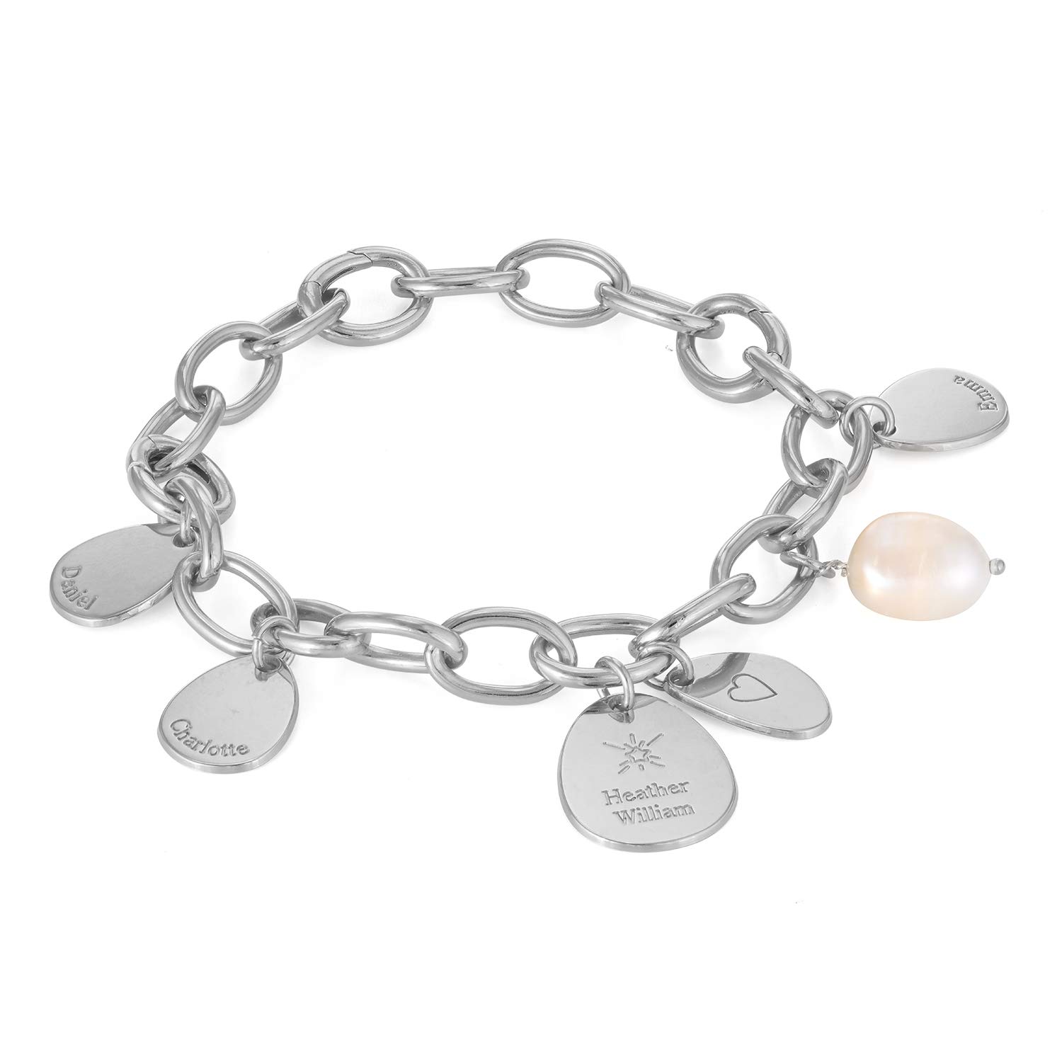Personalized Round Paperclip Chain Bracelet with Engraved Name & Pearl Charms - 925 Sterling Silver or Gold Plated Custom Jewelry Gift for Women - Perfect for Birthdays, Anniversaries & Special Occasions