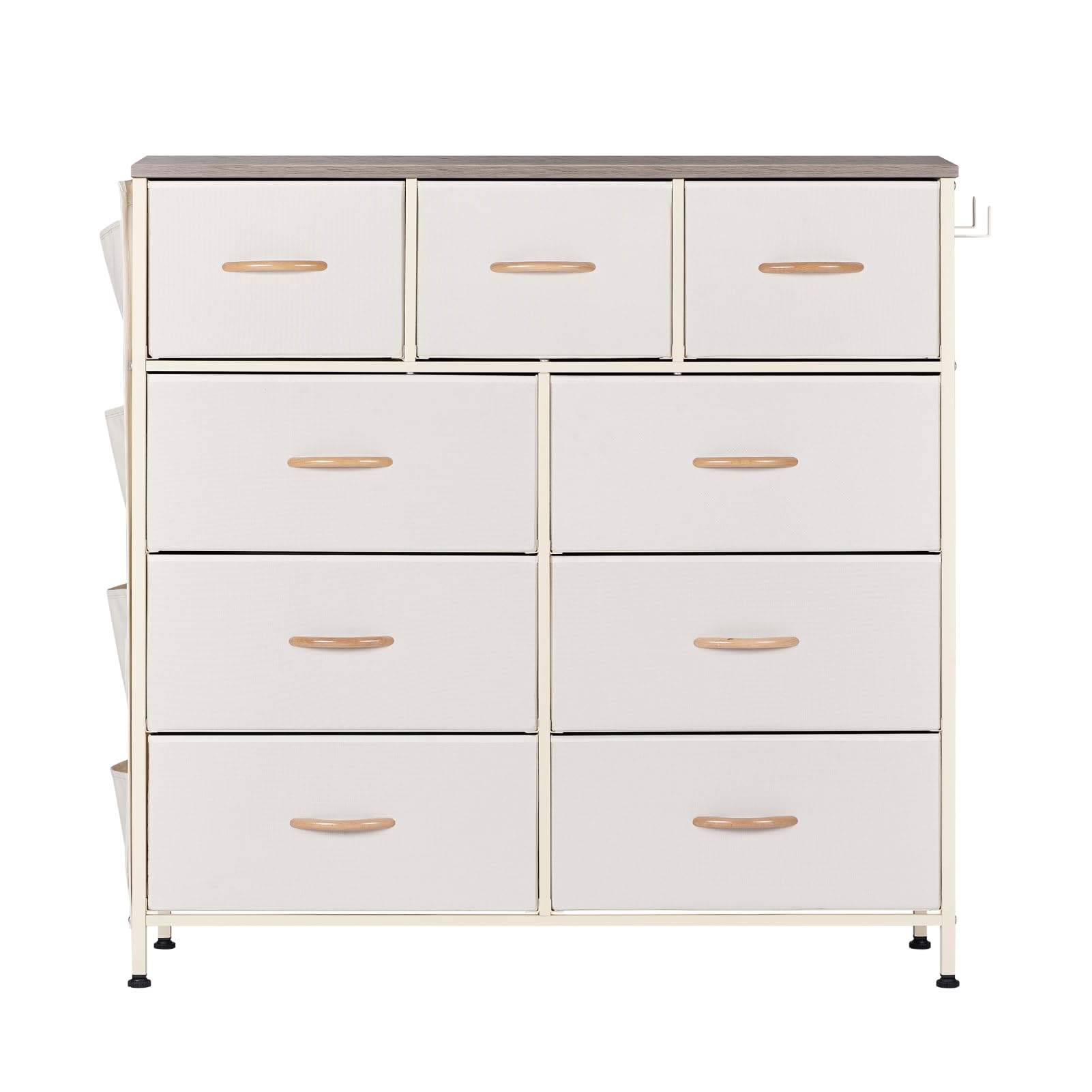 9-Drawer Fabric Dresser Organizer with Wooden Top - Wide Storage Chest for Bedroom, Closet & TV Stand - Ivory Dresser Tower for Clothes & Home Organization