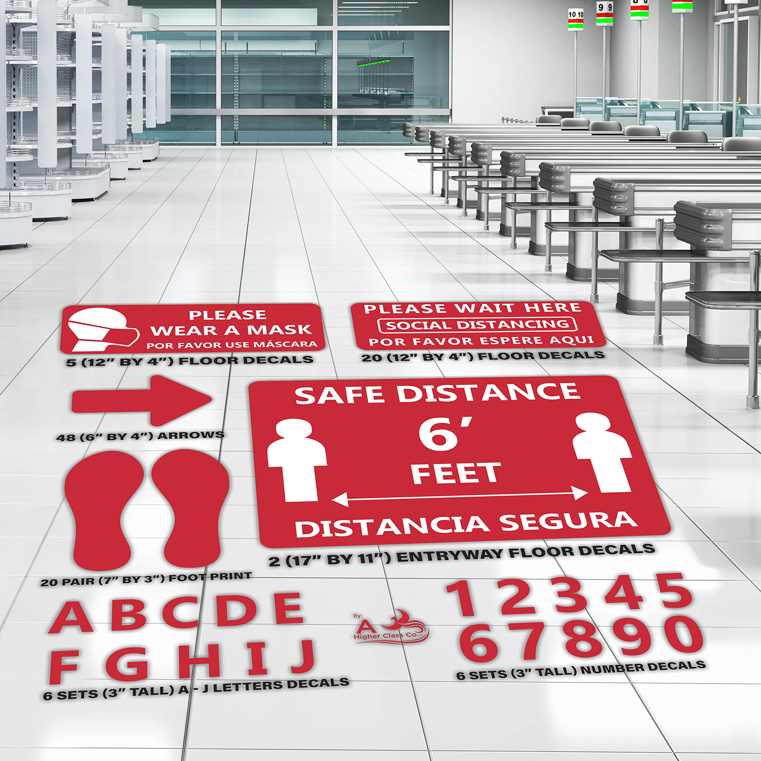 170-Pack Bilingual English & Spanish Social Distancing Floor Stickers - 6 Feet Spacing Lines & Checkout Markers - Durable Vinyl Decals for Hospitals, Clinics, Grocery Stores & Retail Spaces - Red (Ideal for COVID Safety & Crowd Control)