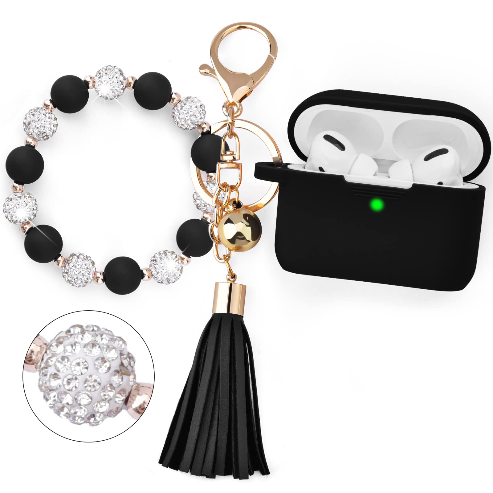 Filoto Cute Bling Bracelet Keychain Silicone Case Cover for AirPods Pro (2019) - Protective Wireless Charging Compatible Case for Apple AirPods Pro - Perfect Gift for Women & Girls (Black) - Great for Travel, Gym & Everyday Use