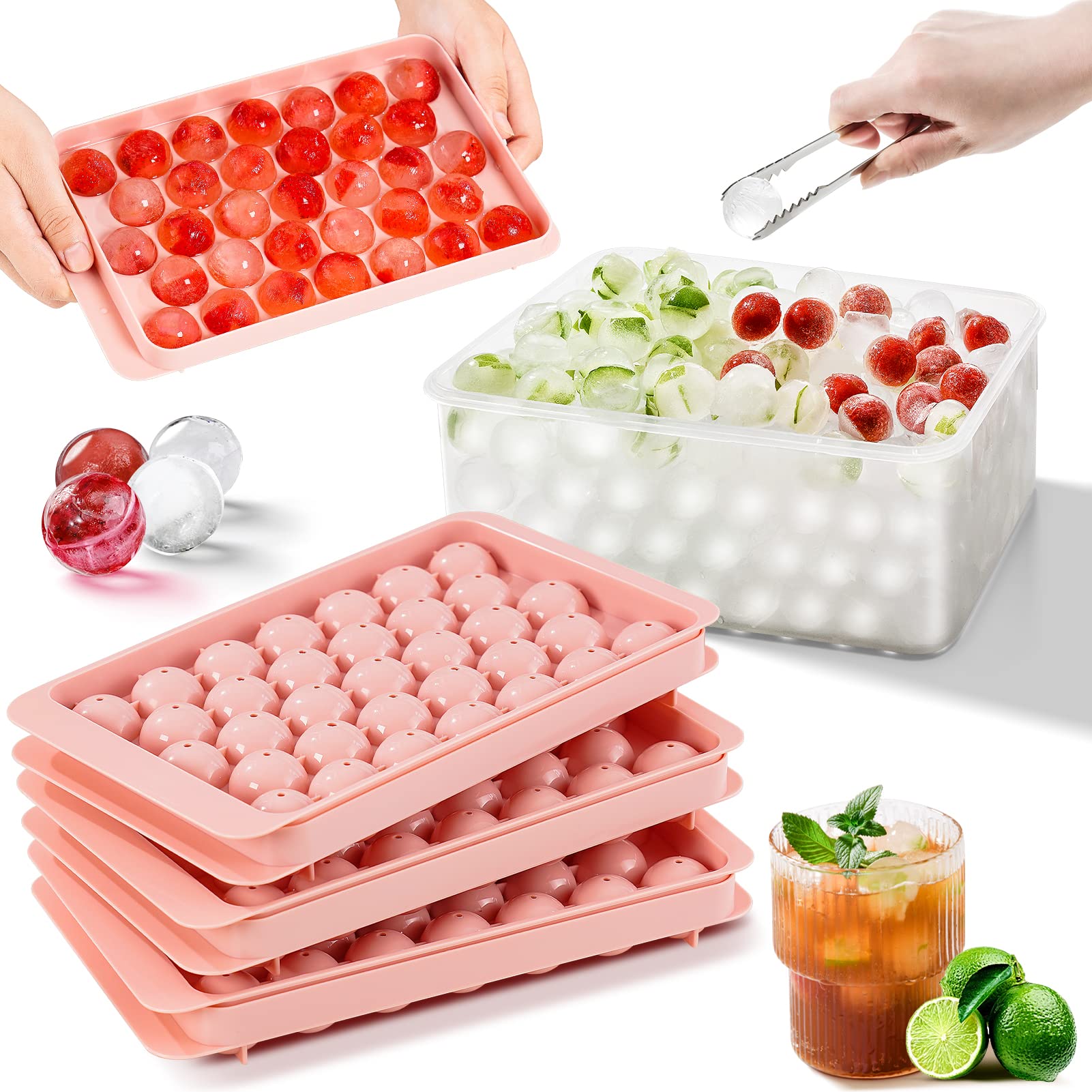 3 Pack Round Ice Cube Tray with Lid - Ice Ball Maker Mold for Freezer - Makes 99 Perfect Spheres for Cocktails, Whiskey, Tea & Coffee - BPA Free Silicone Ice Cube Trays (Pink) - Perfect for Home Bars, Parties & Chilled Beverages
