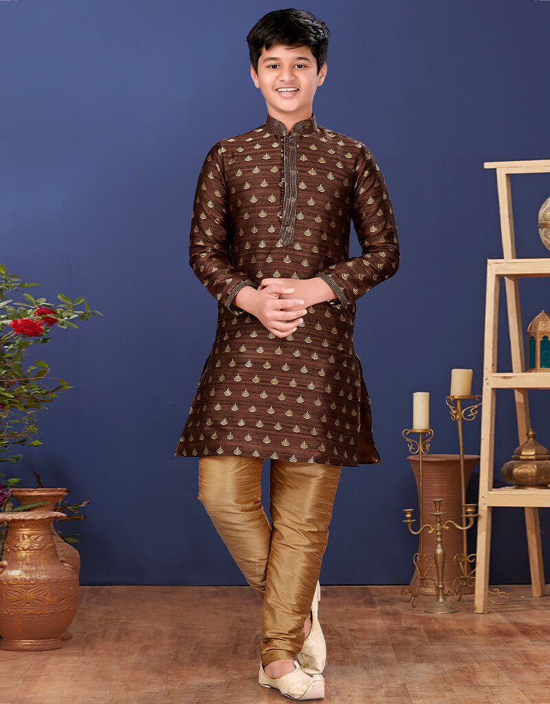 Premium Jacquard Silk Coffee Kurta Pajama Set - Traditional Indian Ethnic Wear for Men - Perfect for Festivals, Weddings & Special Occasions