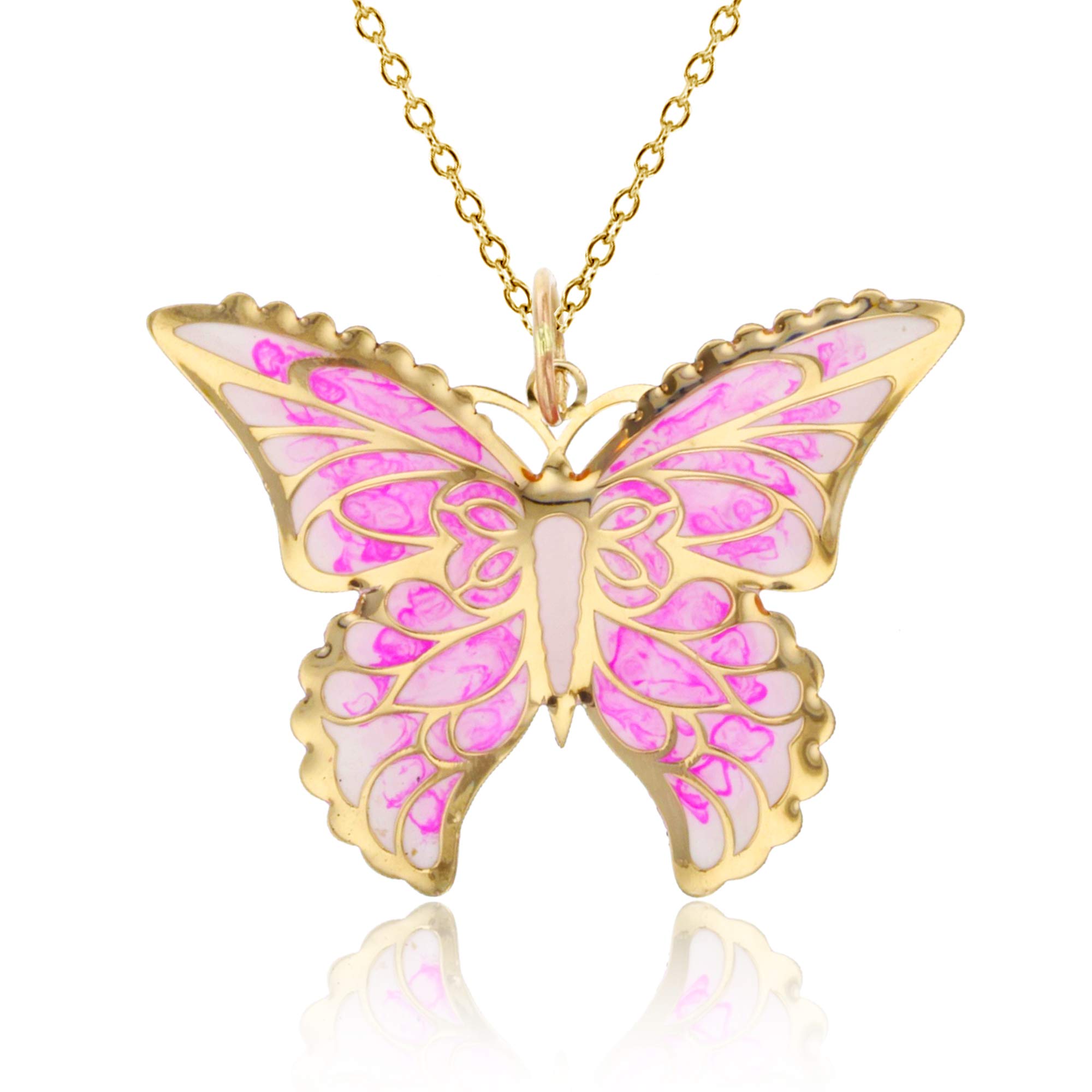 14K Yellow Gold Solid Pink Ombre Enamel Butterfly Pendant Necklace for Women - 18