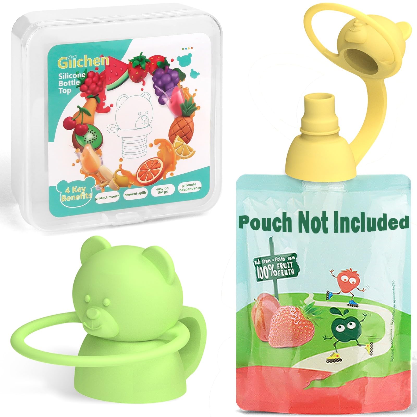 Soft Sip Silicone Pouch Topper - BPA-Free Baby Food Pouch Lids for Spill Prevention, Self Feeding & Weaning - Protects Child's Mouth - 2 Pack (Green & Yellow) - Perfect for On-the-Go Meals, Daycare & Travel Snacks