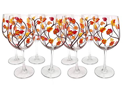 8 Hand-Painted Fall Leaf Wine Glasses - Elegant Stemmed Glass Set for Autumn & Thanksgiving - Perfect for Holiday Dinner Parties & Seasonal Decor