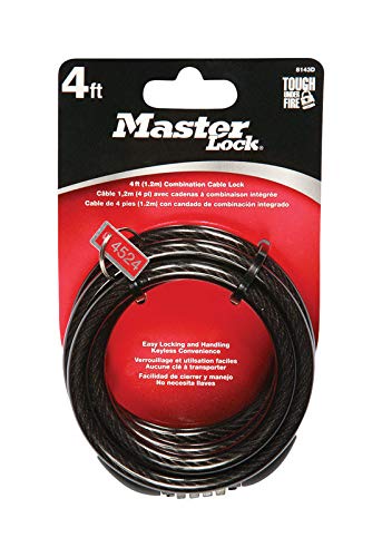 Master Lock 8143D Self Coiling Cable Lock - 4-Foot x 5/16-Inch Black Security Cable for Bikes, Laptops, Lockers & Gym Bags | Heavy Duty Anti-Theft Protection