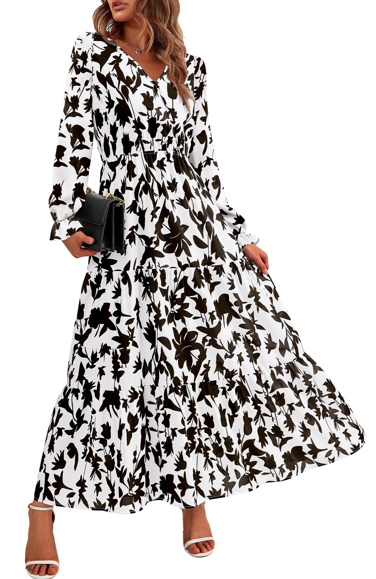 BTFBM Women's Floral Boho Maxi Dress 2025 - Long Sleeve V-Neck Casual Spring Dress for Wedding Guest, Beach Vacation & Date Night