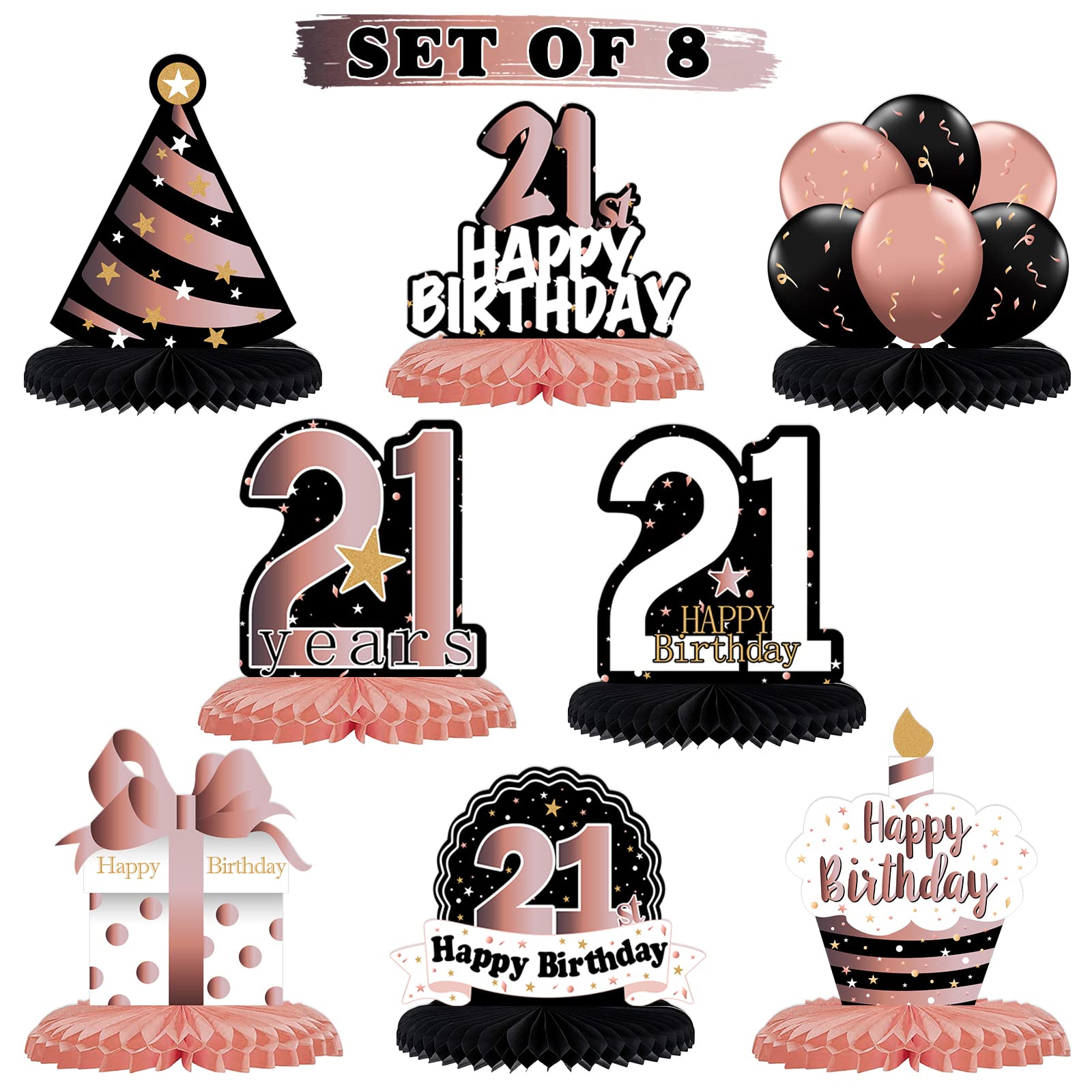 21st Birthday Rose Gold Honeycomb Centerpieces - Cheers to 21 Years Party Decorations, Table Decor, Gift Sign for Women & Men | Perfect for Birthday Parties, Milestone Celebrations & Photo Backdrops