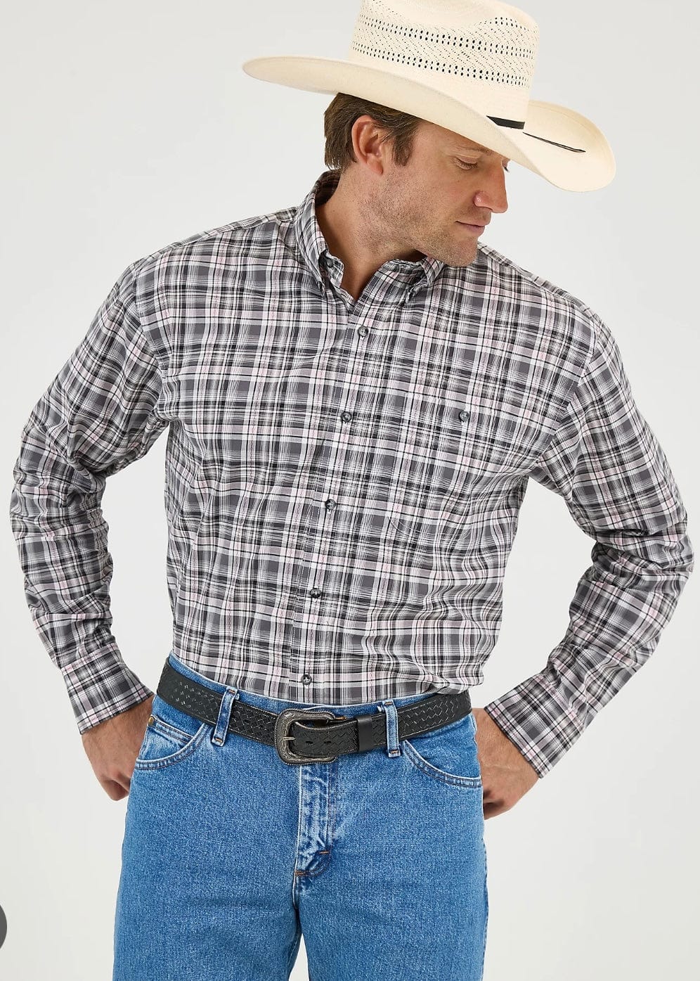 Wrangler Men's Pink Plaid Button-Down Shirt | Casual & Formal Wear for Outdoor Activities & Office
