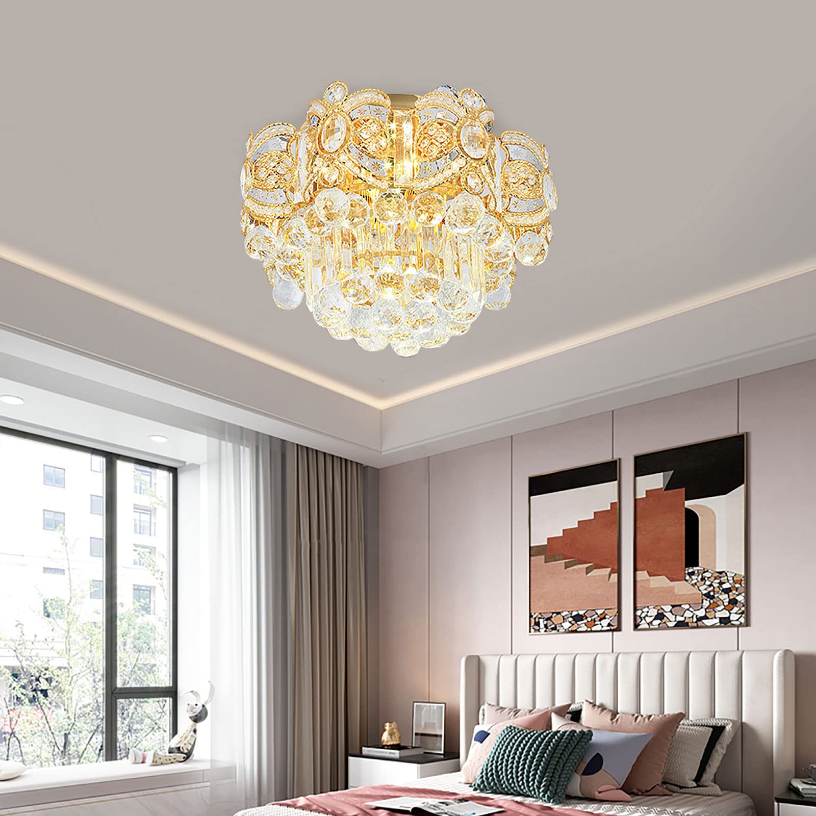Luxury Crystal Round LED Ceiling Light - 40W Gold Semi-Flush Mount Chandelier for Living Room, Kitchen Island & Dining Room - Energy Efficient Modern Lighting Fixture for Home Decor