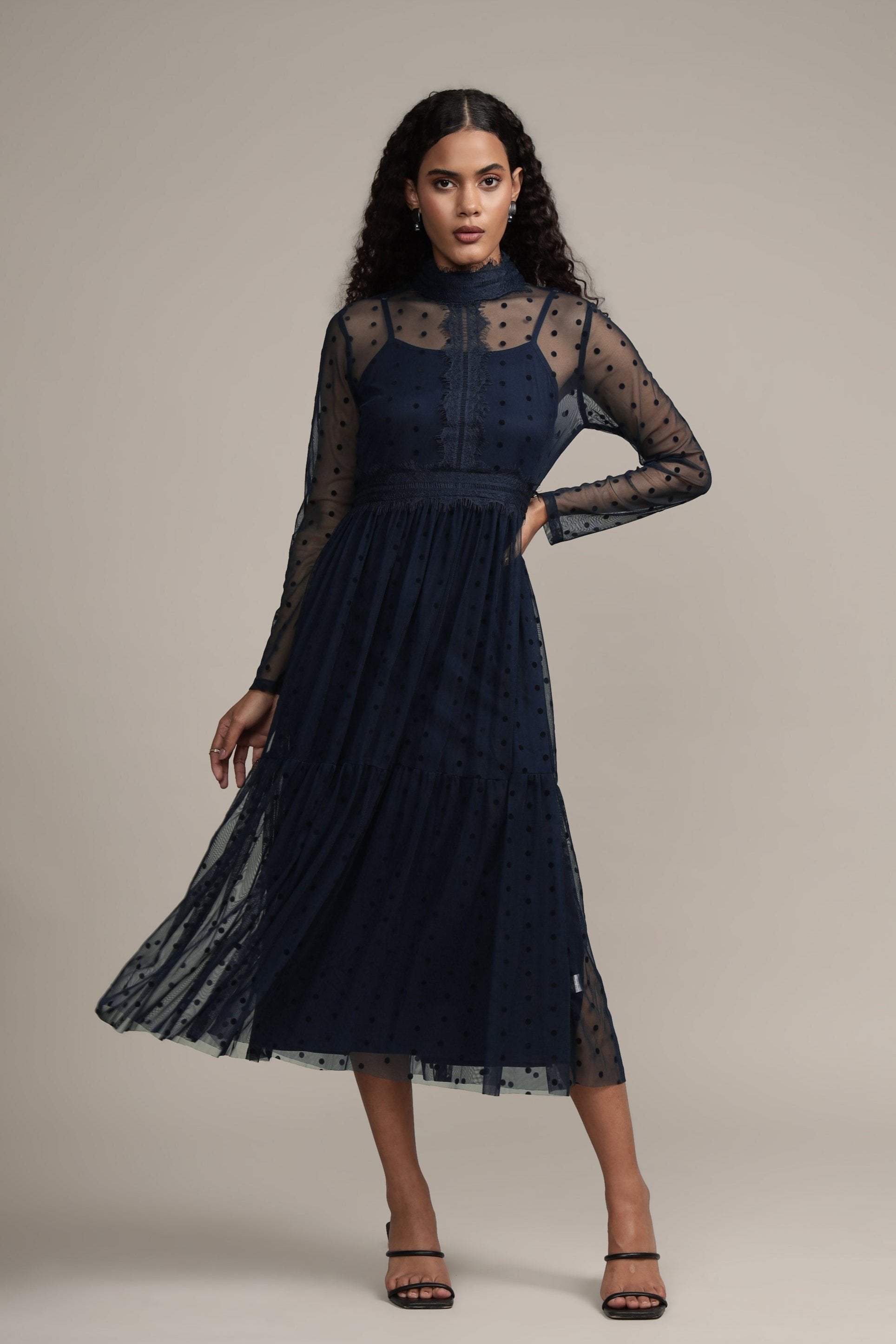 Roman Lola Navy Blue Polka Dot Midi Dress - Flowy Summer Dress for Women, Perfect for Beach Vacations, Brunch Dates & Casual Outings