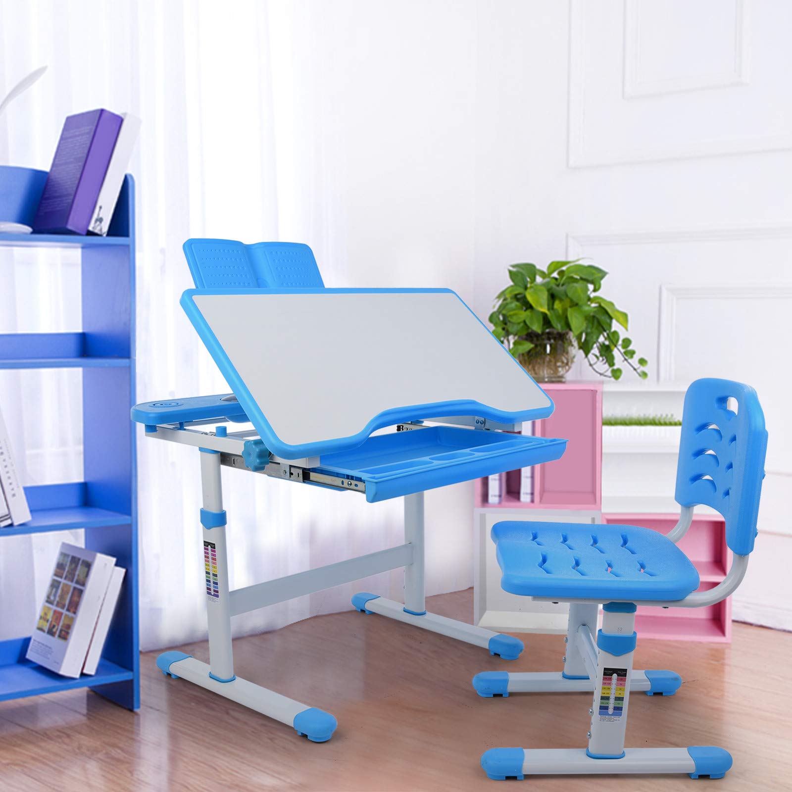 **Xinqinghao Adjustable Kids Desk and Chair Set with LED Light & Storage Drawers - Ergonomic Study Workstation for Boys & Girls - Perfect for Homework, Reading & Online Learning (Blue)**