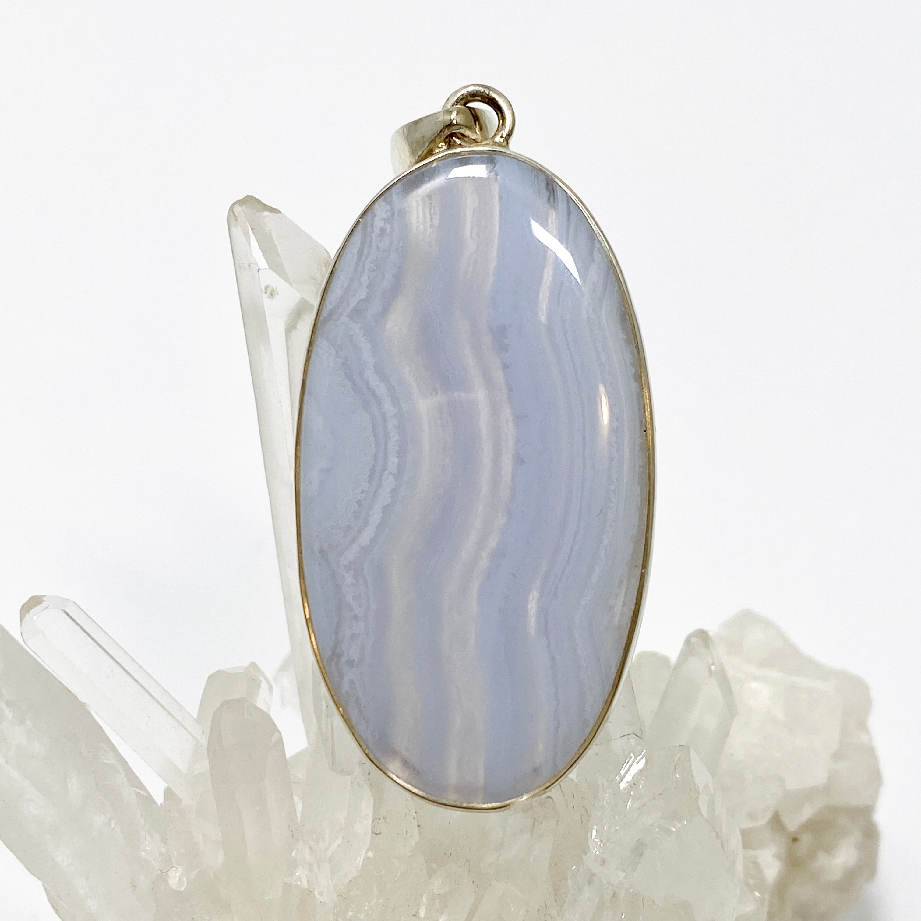 Blue Lace Agate Oval Cabochon Pendant - Natural Stone Jewelry KPGJ4823 for Women's Necklace, Healing Crystal Gift for Meditation & Spiritual Protection