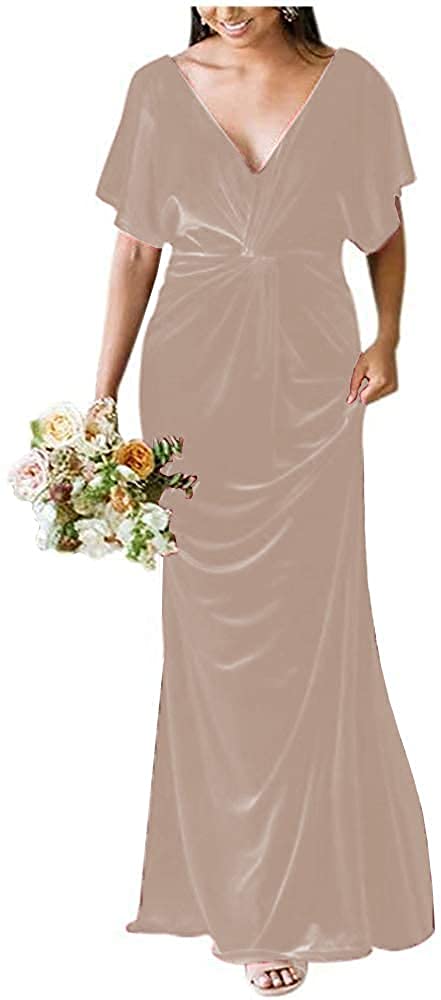 ABCDRESS Velvet Bridesmaid Dresses for Women - V Neck Short Sleeve Mermaid Evening Gown with Ruffle Details | Formal Wedding Party Dress ABC037 | Perfect for Bridal Showers, Cocktail Parties & Special Occasions