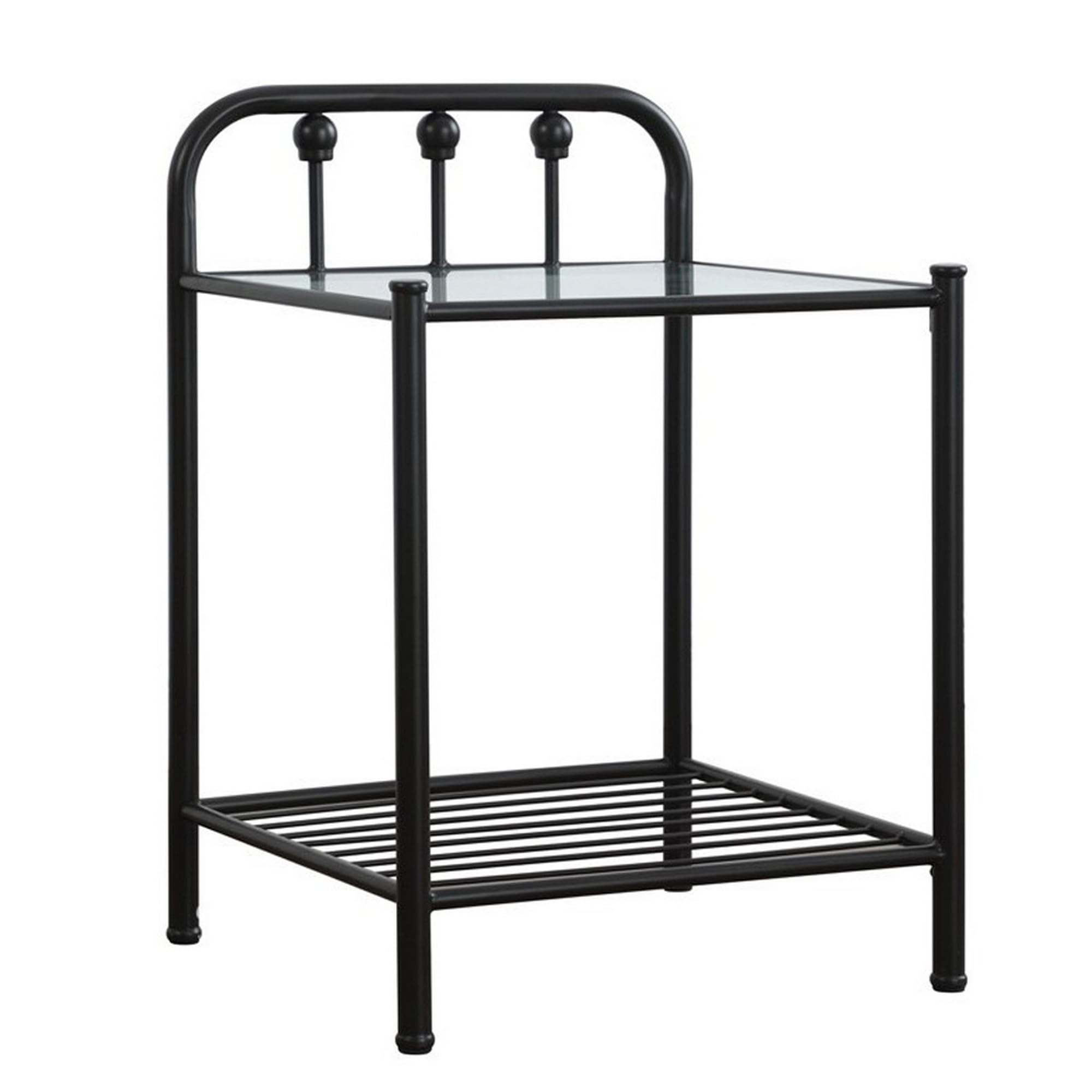 Black Benjara Metal Nightstand with Glass Top & Slatted Open Bottom Shelf - Modern Bedside Table for Bedroom, Living Room, or Office